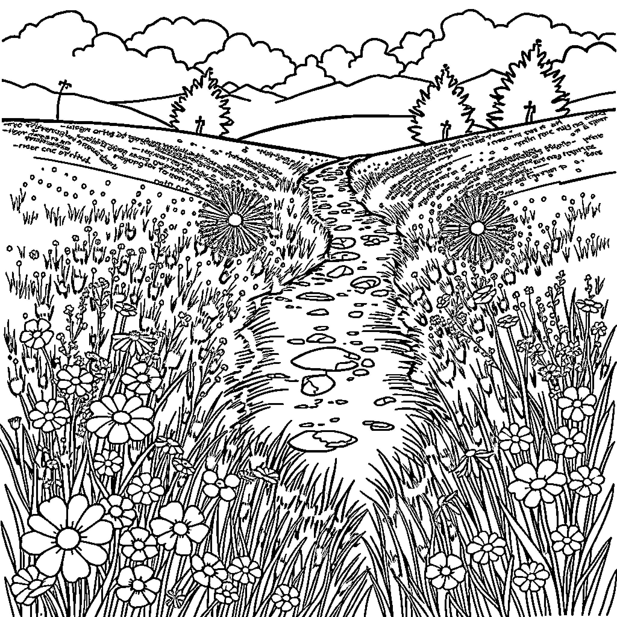 Flower-filled countryside path with cloudy sky Coloring Page (free black-and-white line drawing printable PDF for all, from beginners to advanced learners, including children, teens, adults, and seniors)