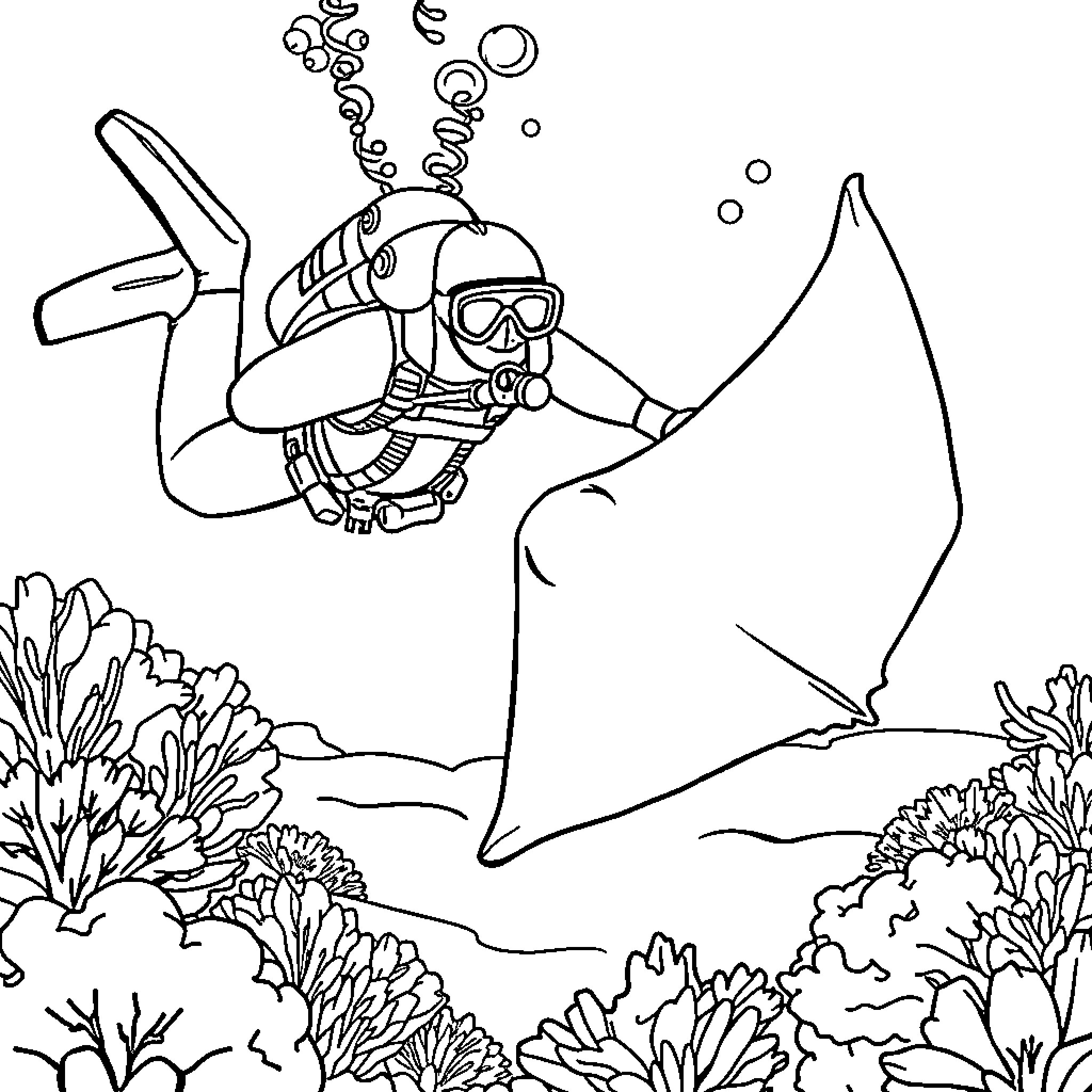 Scuba Diver exploring underwater reef landscape Coloring Page (free black-and-white line drawing printable PDF for all, from beginners to advanced learners, including children, teens, adults, and seniors)