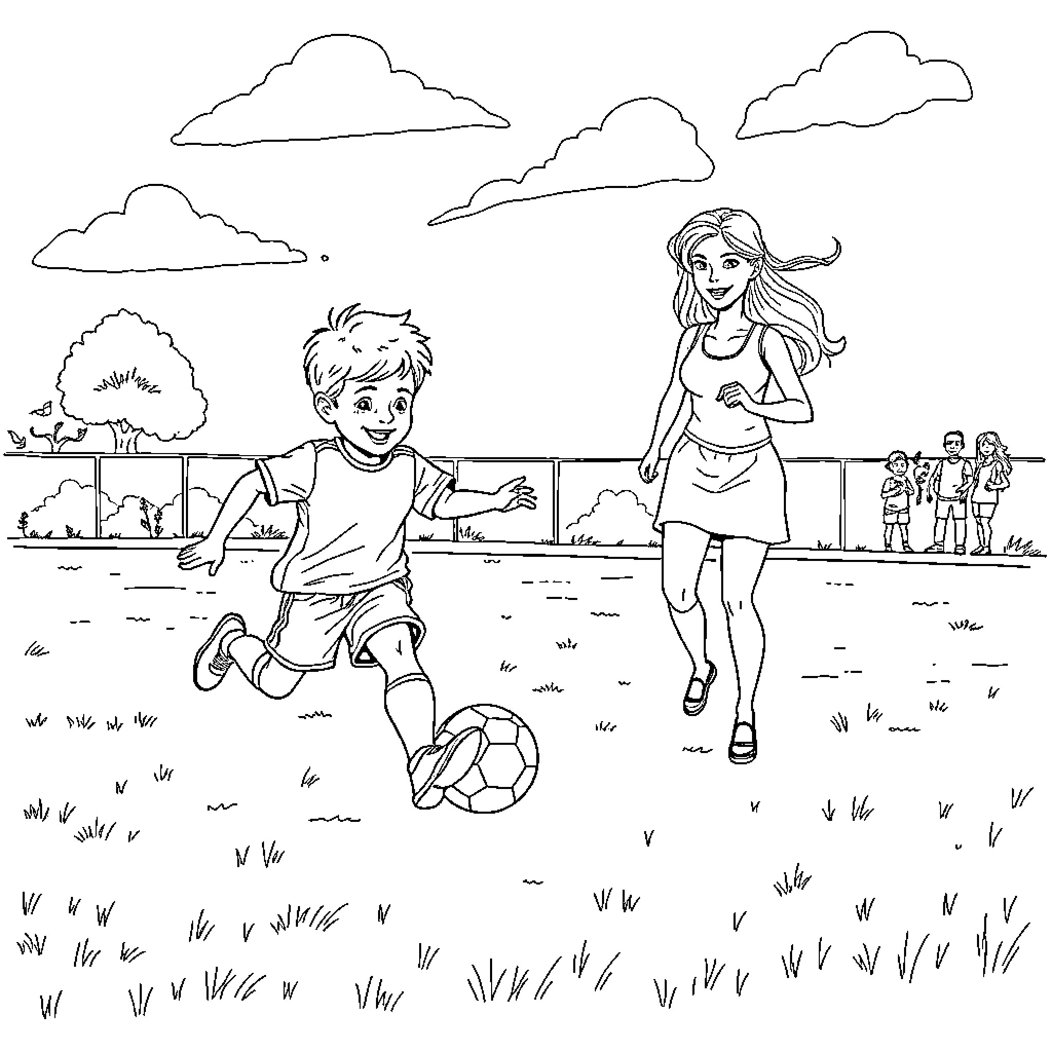 Kid playing soccer with friend in the park Coloring Page (free black-and-white line drawing printable PDF for all, from beginners to advanced learners, including children, teens, adults, and seniors)