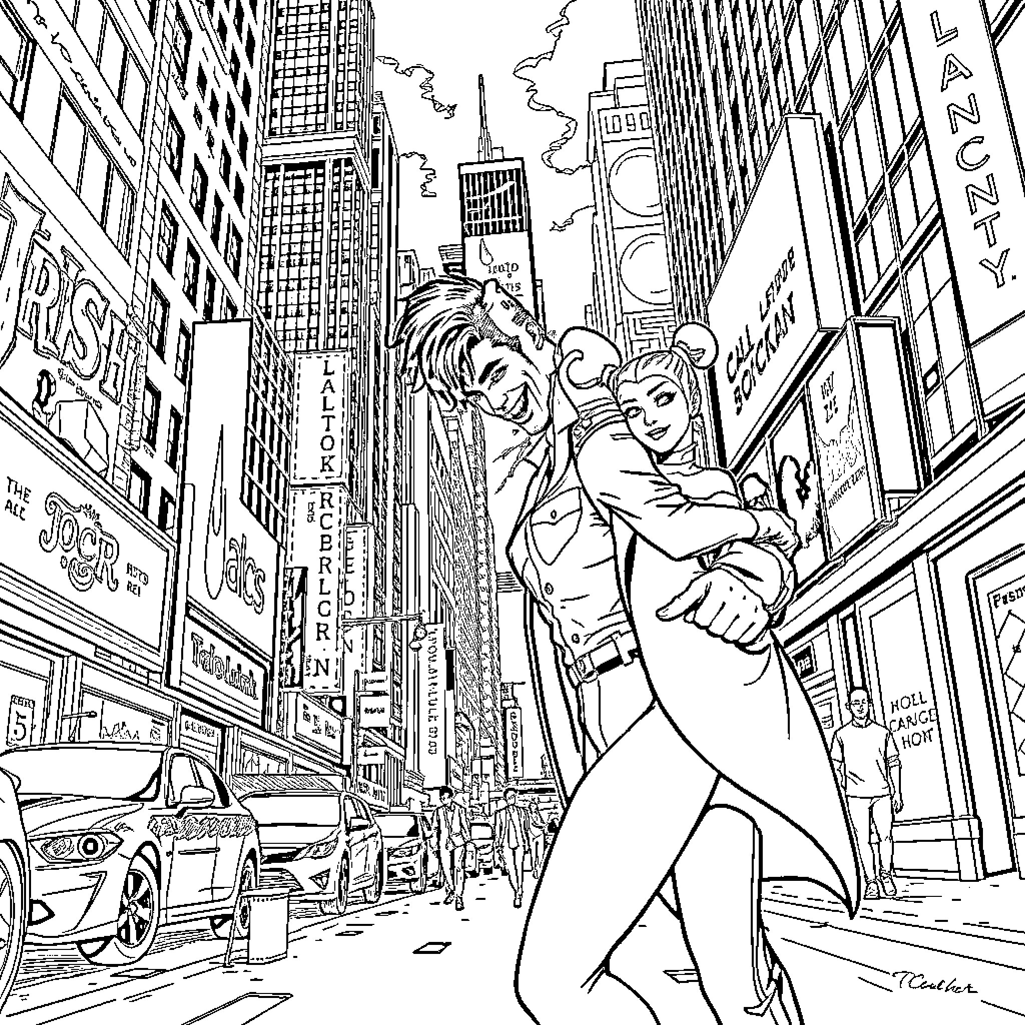 Joker and partner dancing in Times Square Coloring Page (free black-and-white line drawing printable PDF for all, from beginners to advanced learners, including children, teens, adults, and seniors)