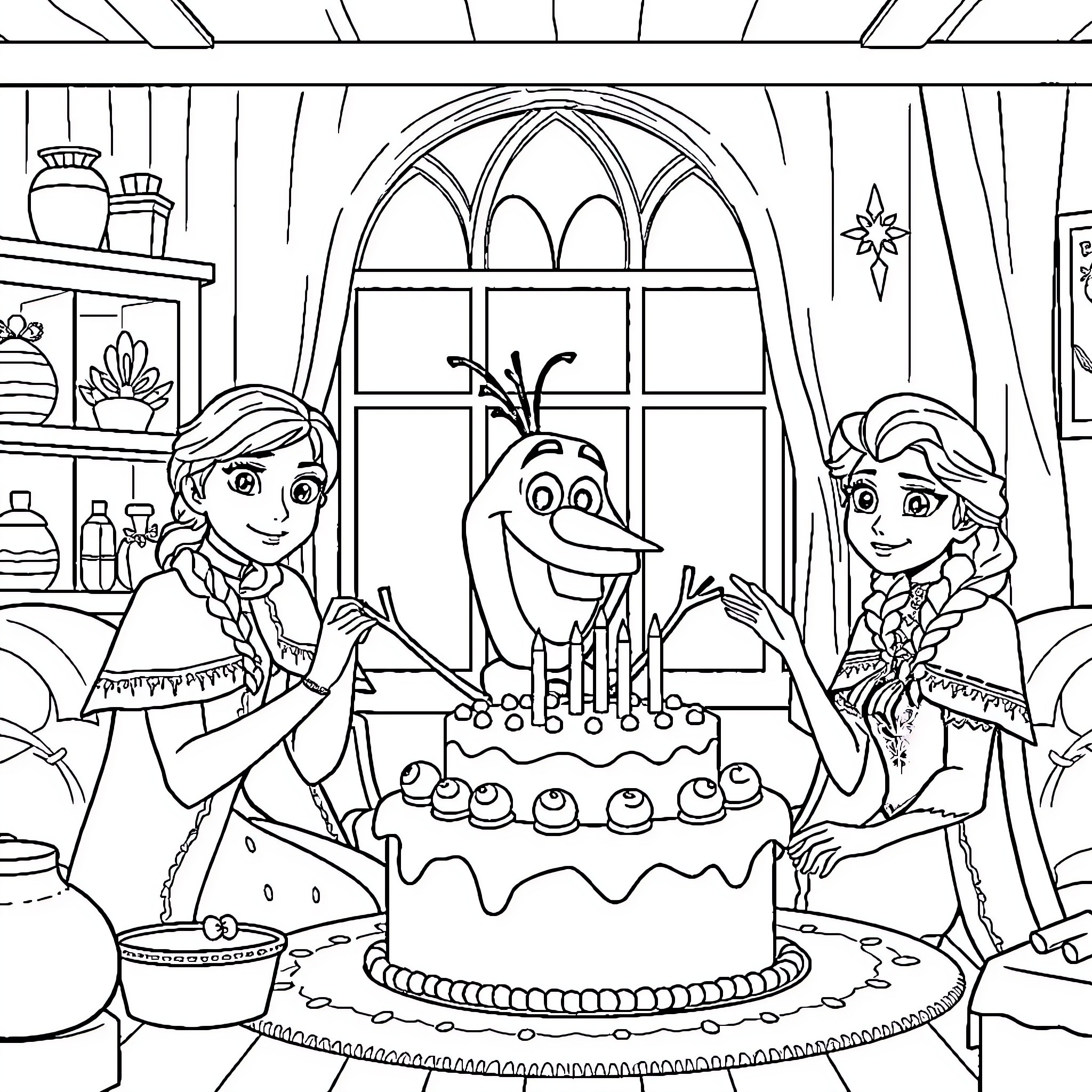 Olaf Celebrates a Festive Occasion with Anna and Elsa Coloring Page (free black-and-white line drawing printable PDF for all, from beginners to advanced learners, including children, teens, adults, and seniors)
