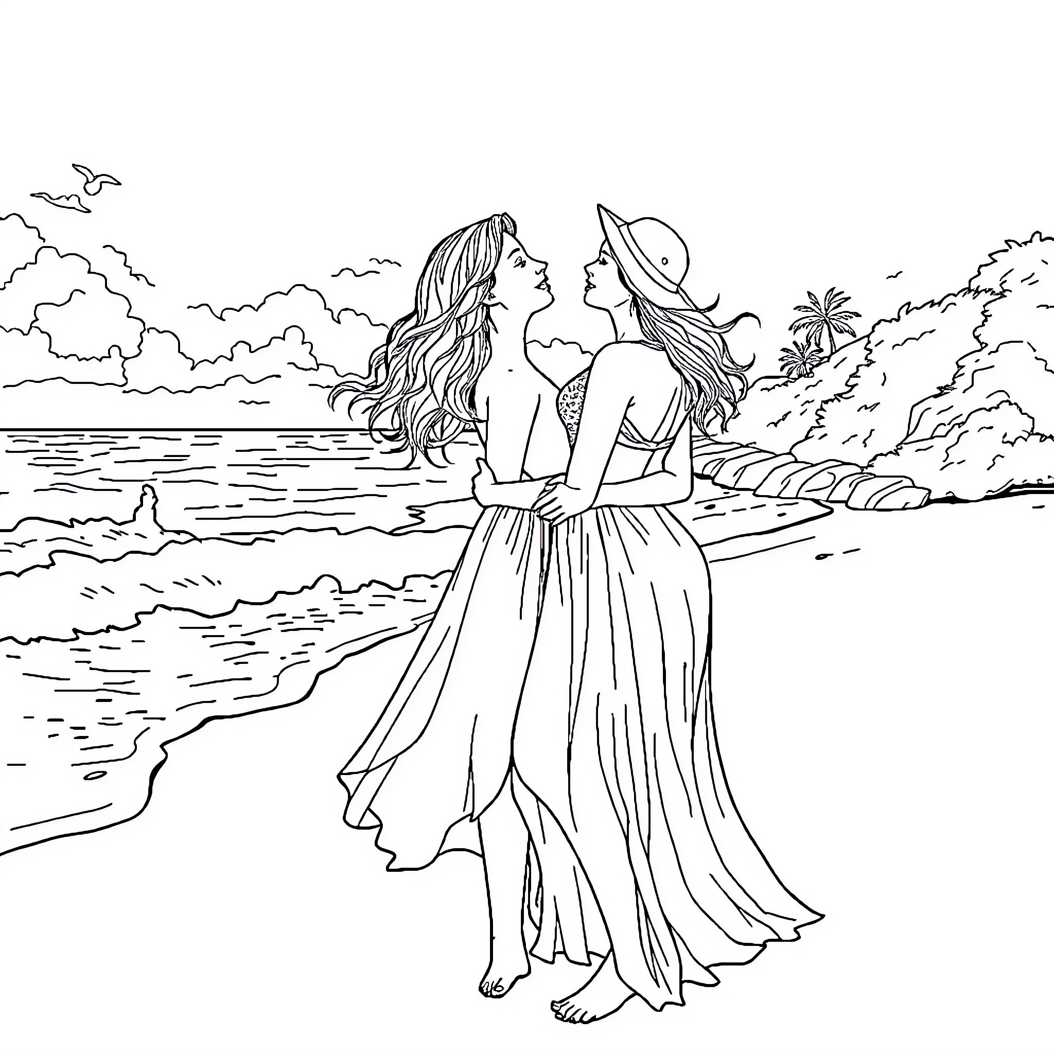 Lady enjoying a romantic beach stroll with companion Coloring Page (free black-and-white line drawing printable PDF for all, from beginners to advanced learners, including children, teens, adults, and seniors)