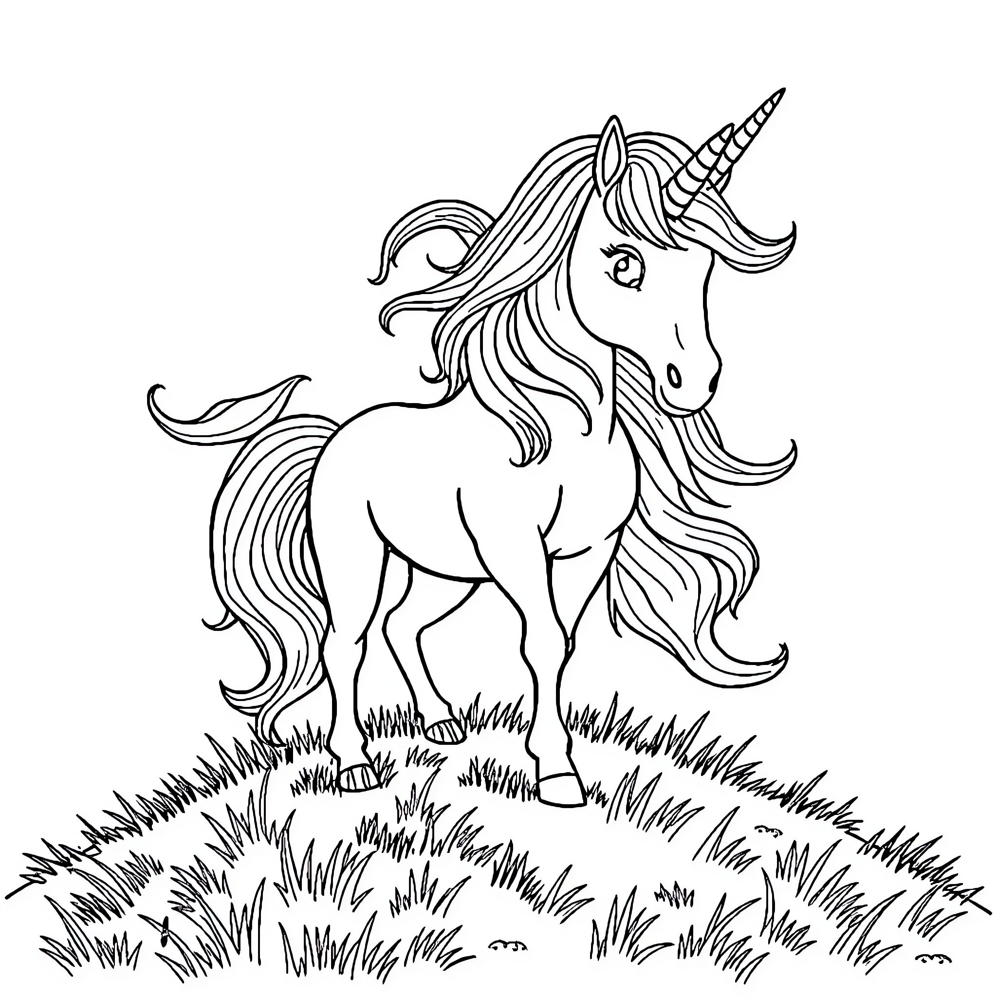 Unicorn standing proudly in a grassy field Coloring Page (free black-and-white line drawing printable PDF for all, from beginners to advanced learners, including children, teens, adults, and seniors)