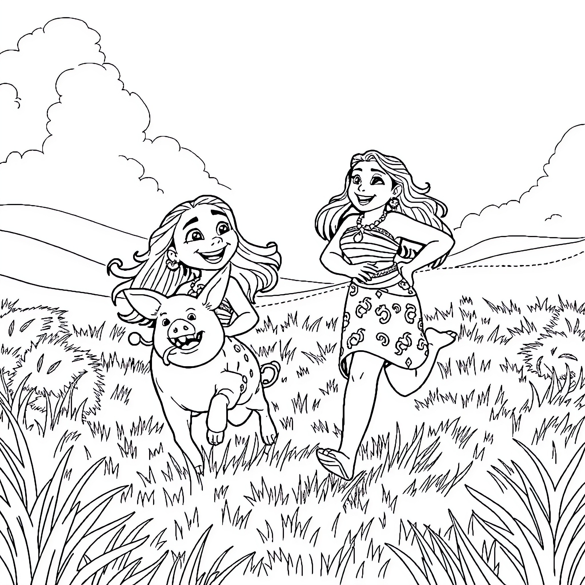 Moana exploring the lush landscape with her companion Coloring Page (free black-and-white line drawing printable PDF for all, from beginners to advanced learners, including children, teens, adults, and seniors)