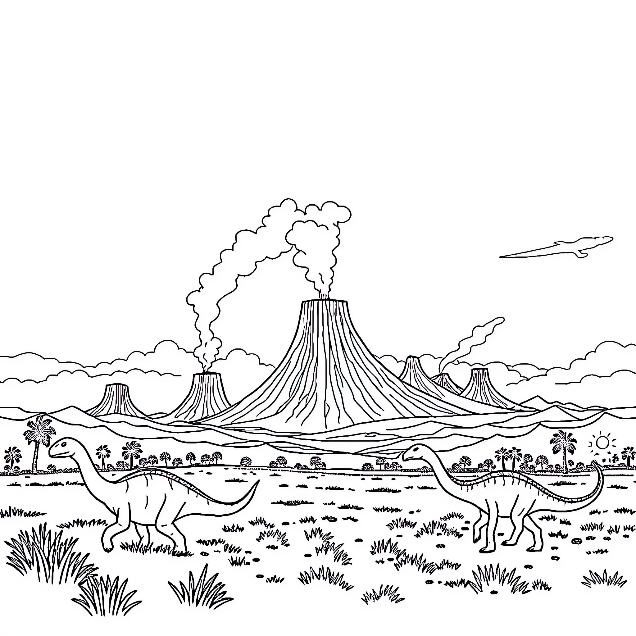 Dinosaurs roaming prehistoric landscape Coloring Page (free black-and-white line drawing printable PDF for all, from beginners to advanced learners, including children, teens, adults, and seniors)