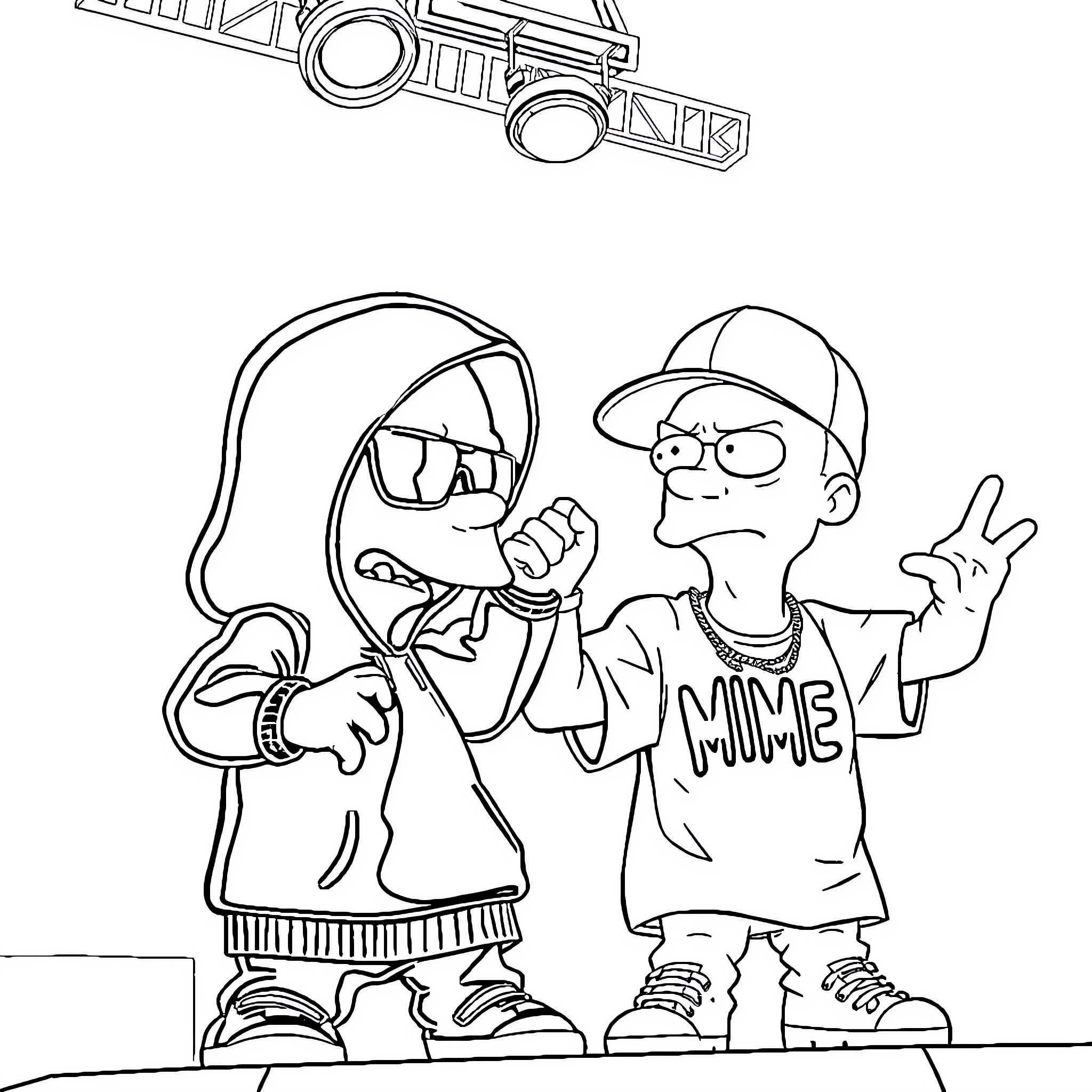 Bart Simpson and friend in casual outfits Coloring Page (free black-and-white line drawing printable PDF for all, from beginners to advanced learners, including children, teens, adults, and seniors)