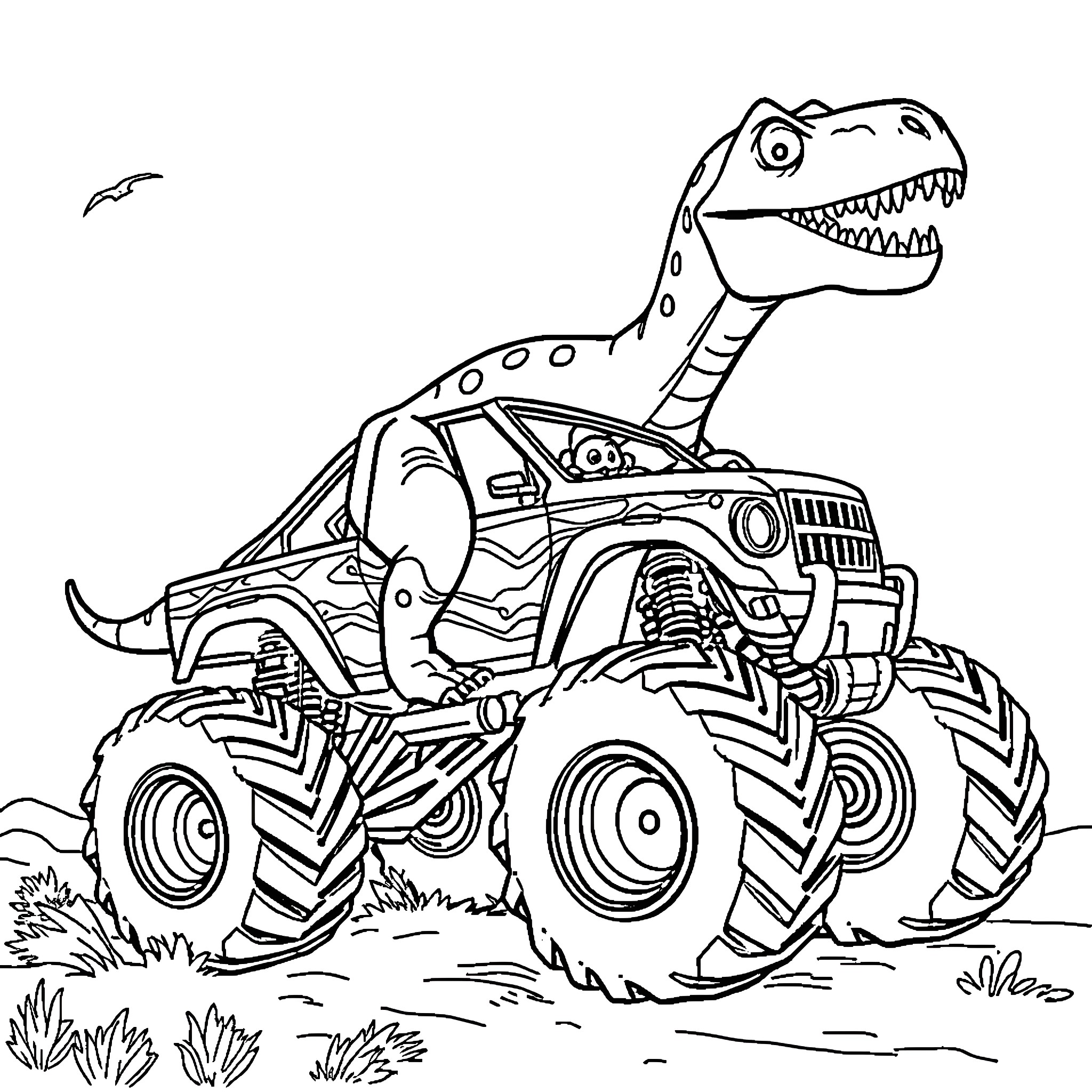Dinosaur riding a powerful monster truck Coloring Page (free black-and-white line drawing printable PDF for all, from beginners to advanced learners, including children, teens, adults, and seniors)