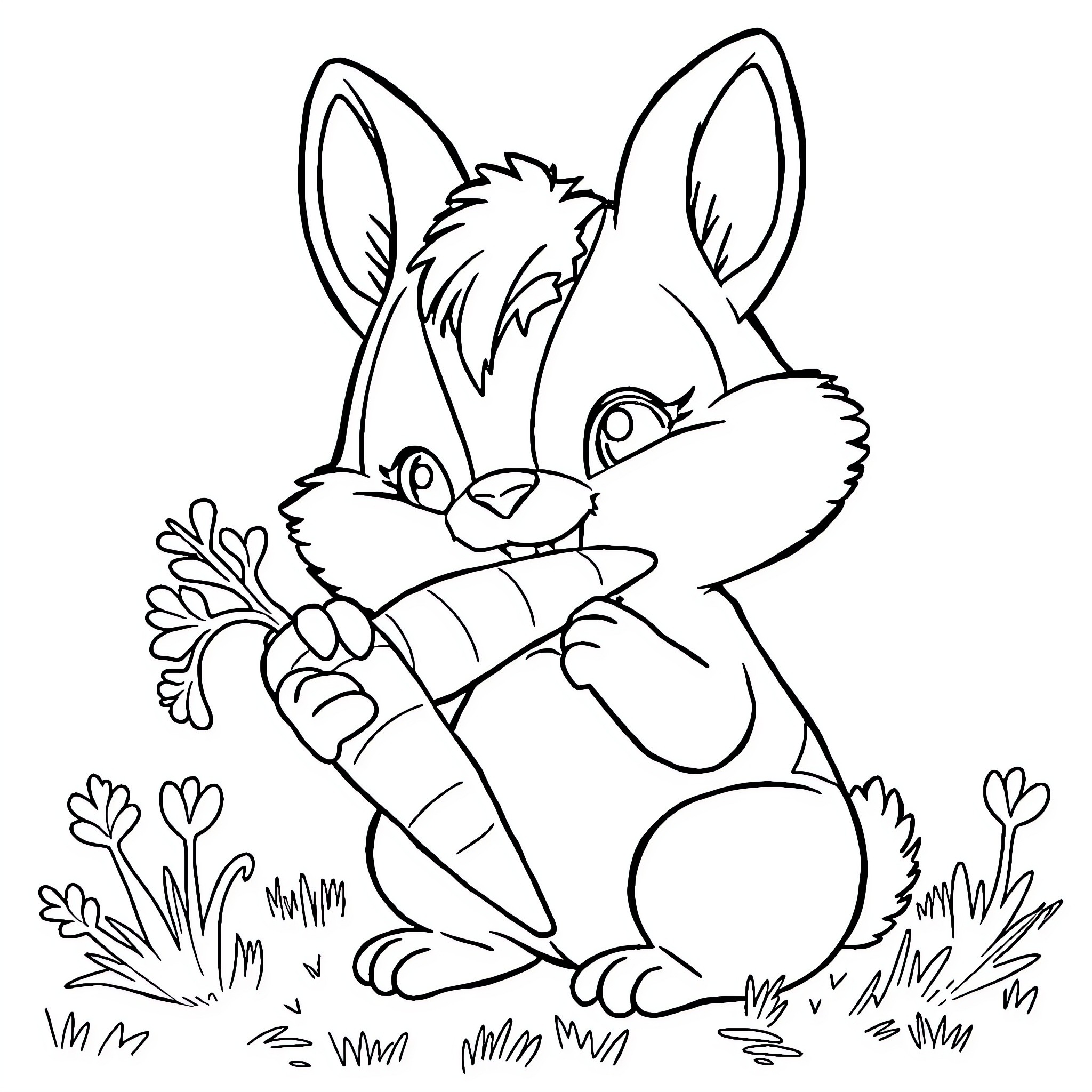 Fezzy the Rabbit Enjoying a Carrot Snack Coloring Page (free black-and-white line drawing printable PDF for all, from beginners to advanced learners, including children, teens, adults, and seniors)