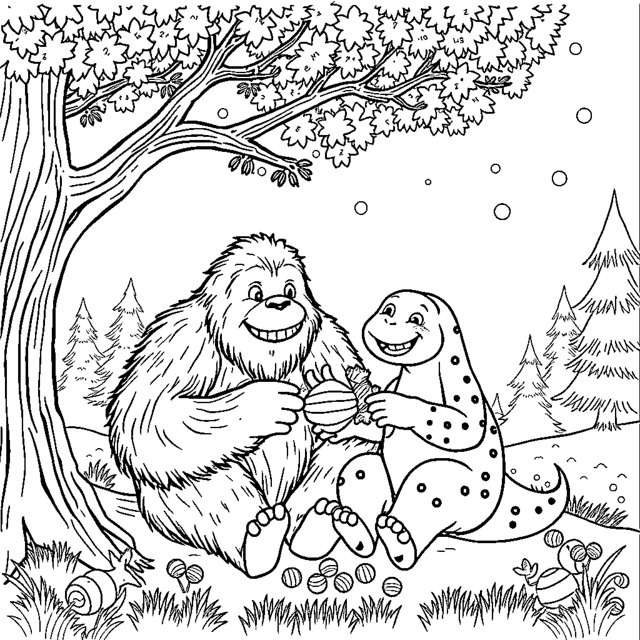 Bigfoot friends enjoying a snowy forest scene Coloring Page (free black-and-white line drawing printable PDF for all, from beginners to advanced learners, including children, teens, adults, and seniors)
