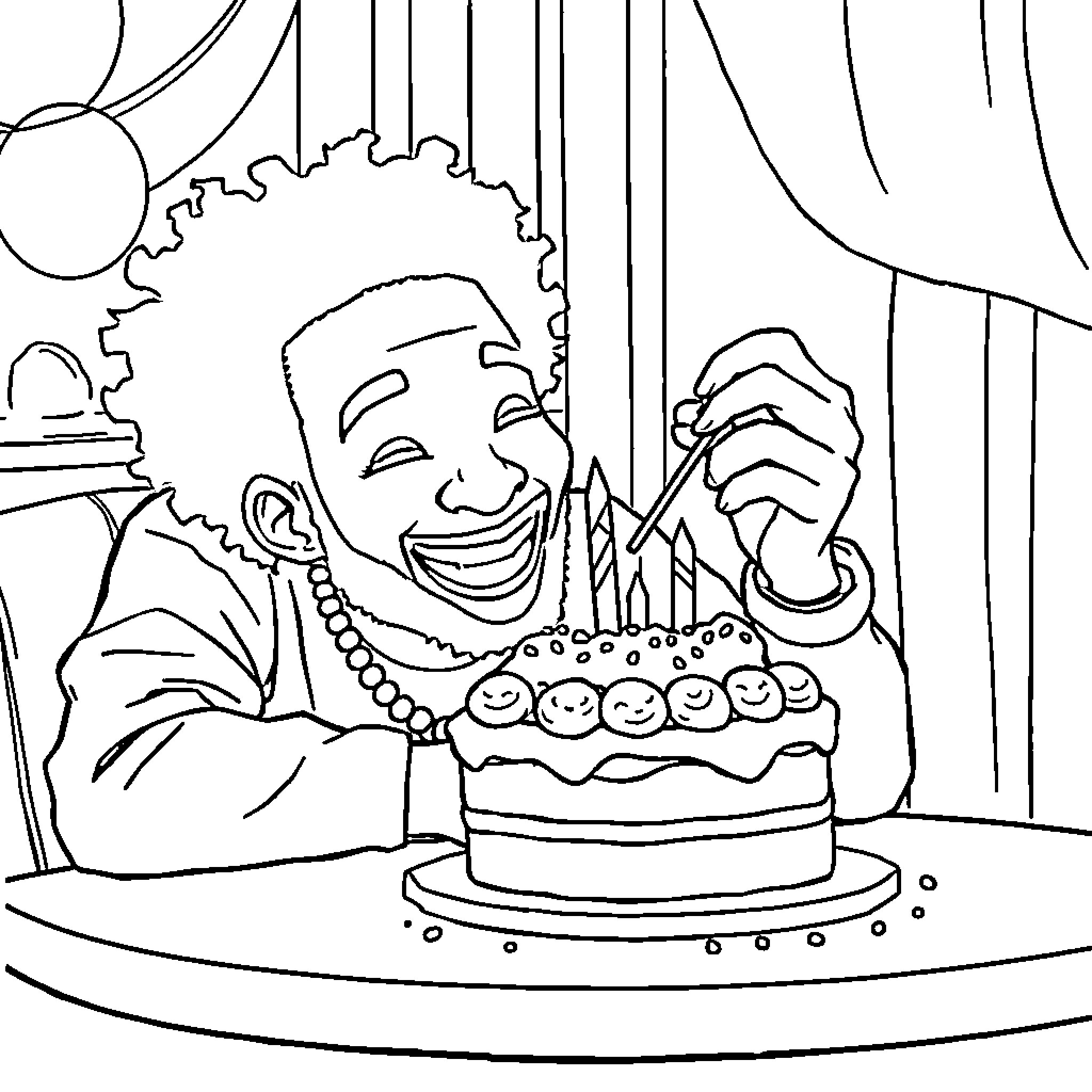 Childish Gambino Celebrates with Festive Cake Coloring Page (free black-and-white line drawing printable PDF for all, from beginners to advanced learners, including children, teens, adults, and seniors)