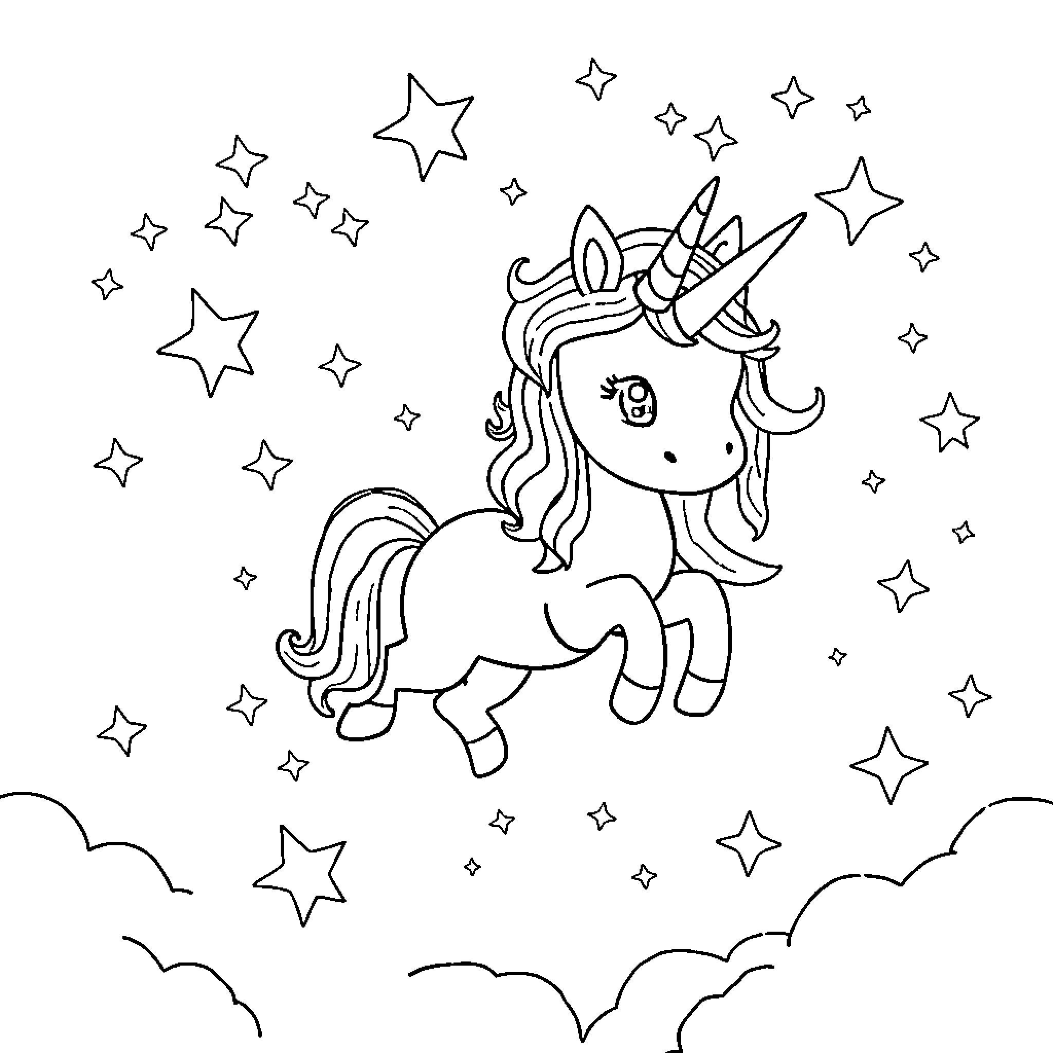 Unicorn galloping among twinkling stars Coloring Page (free black-and-white line drawing printable PDF for all, from beginners to advanced learners, including children, teens, adults, and seniors)