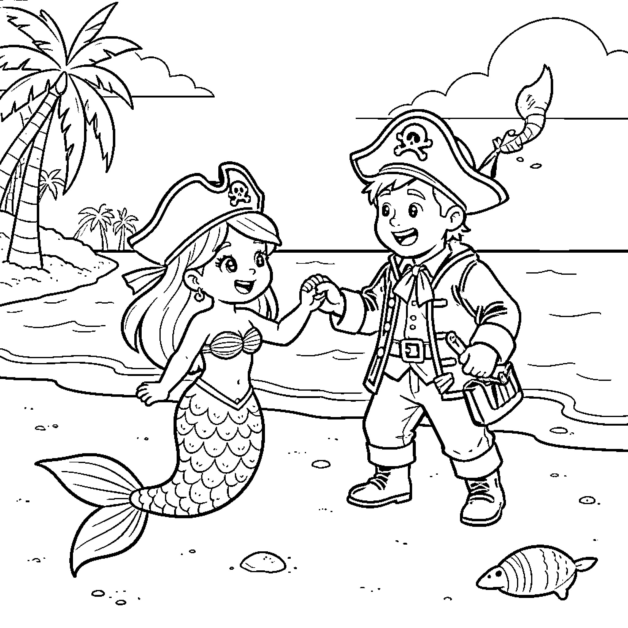 Mermaid and pirate boy holding hands on the beach Coloring Page (free black-and-white line drawing printable PDF for all, from beginners to advanced learners, including children, teens, adults, and seniors)