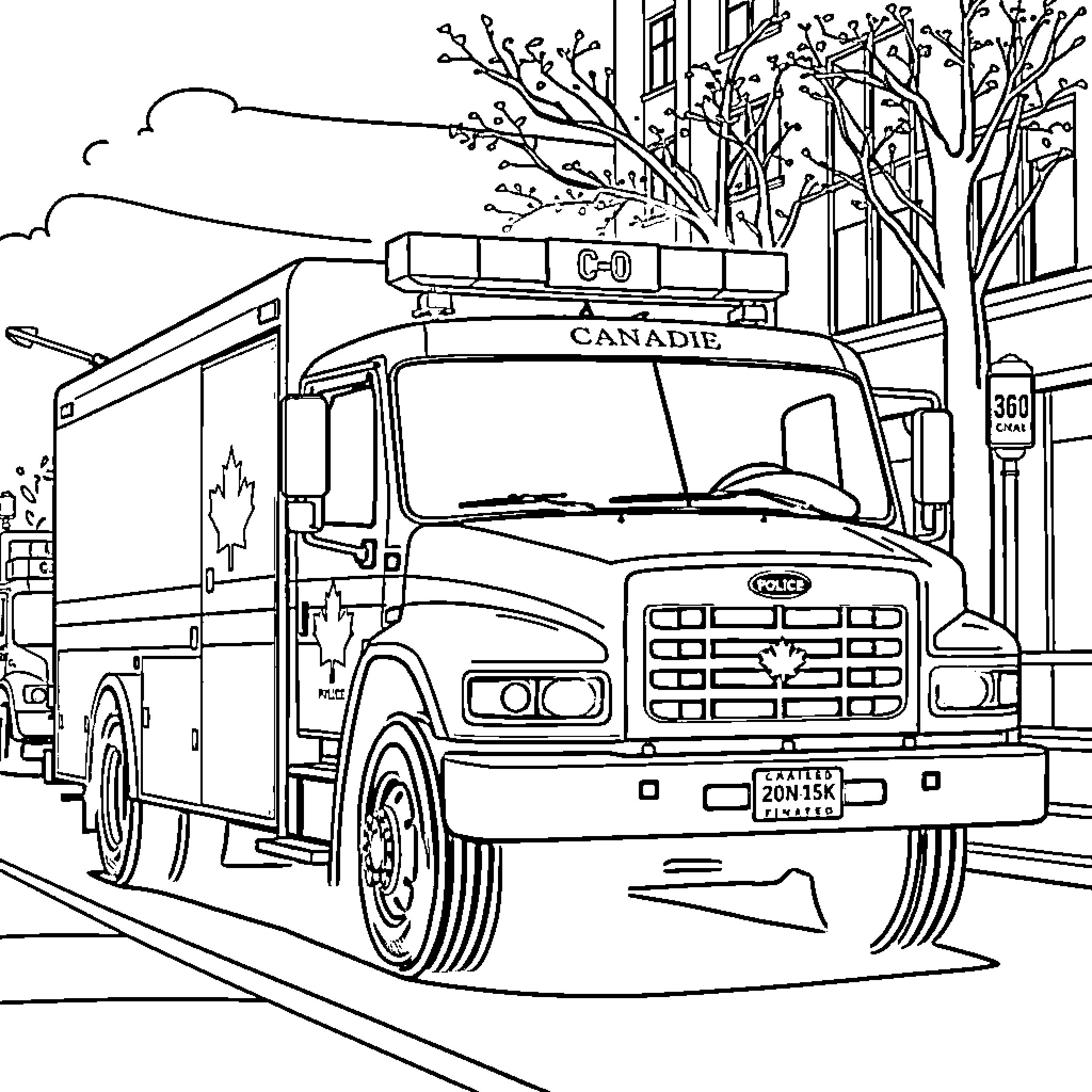 Police Truck on street with trees Coloring Page (free black-and-white line drawing printable PDF for all, from beginners to advanced learners, including children, teens, adults, and seniors)