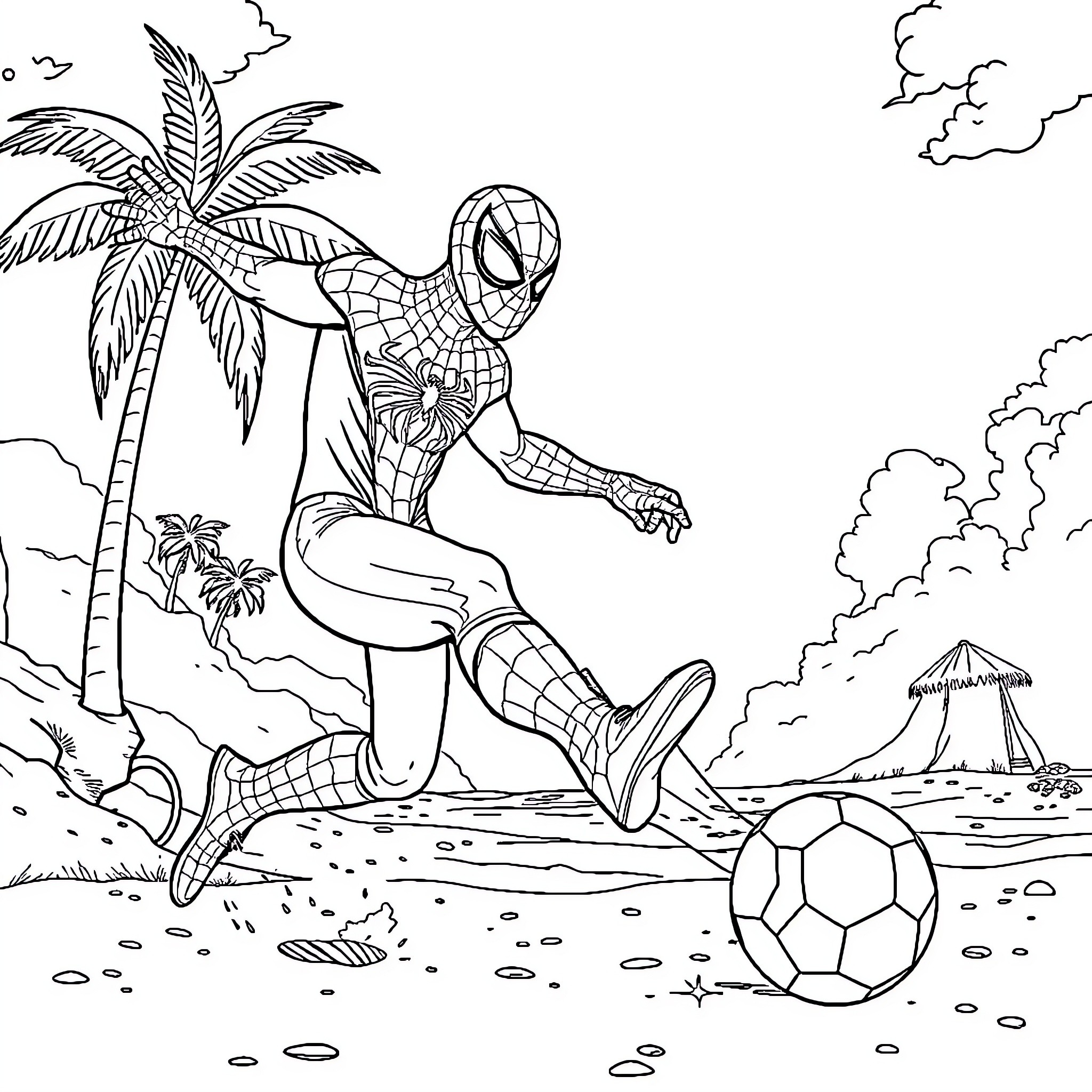 Spiderman playing with soccer ball on tropical beach Coloring Page (free black-and-white line drawing printable PDF for all, from beginners to advanced learners, including children, teens, adults, and seniors)