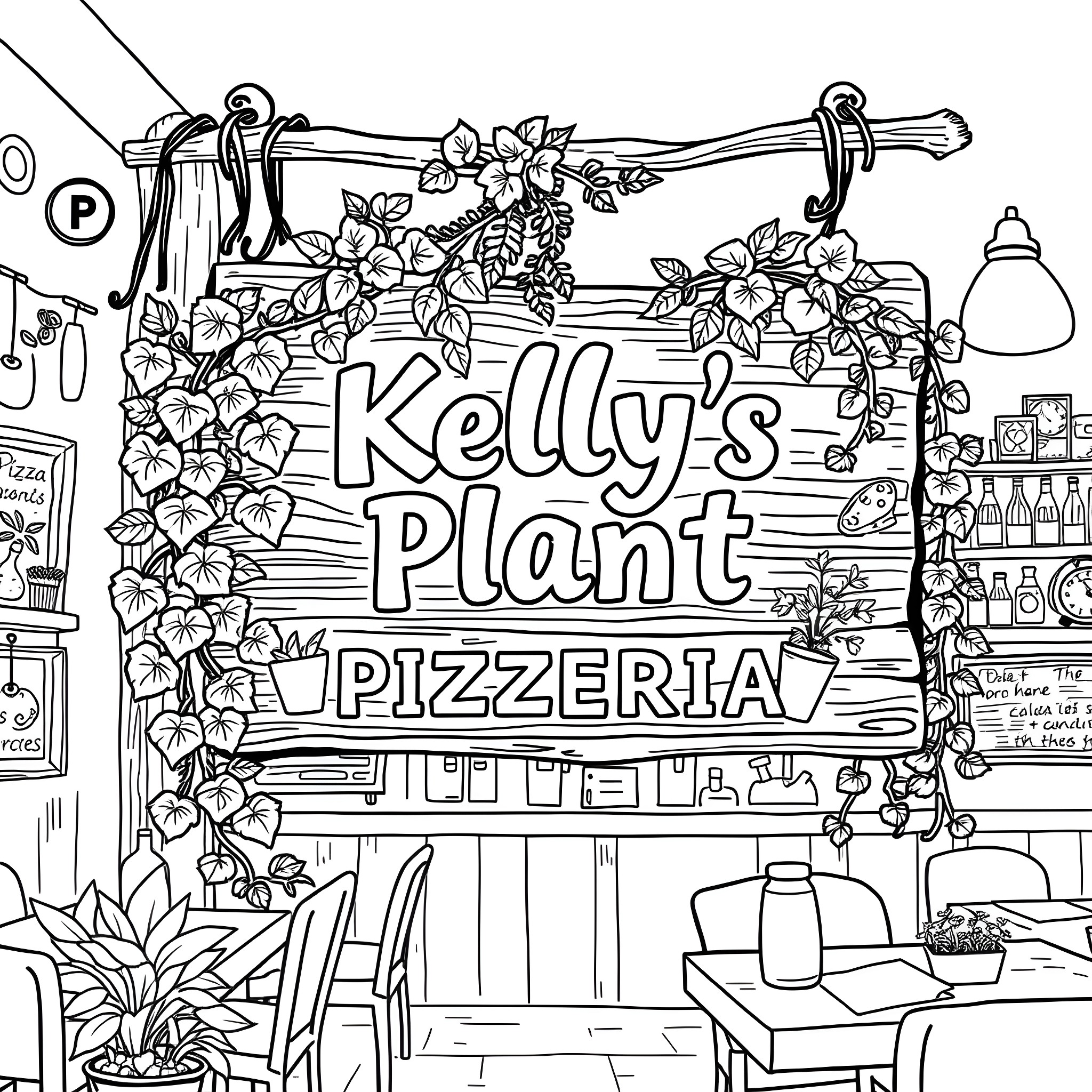 Sign of a Floral Pizzeria Shop Coloring Page (free black-and-white line drawing printable PDF for all, from beginners to advanced learners, including children, teens, adults, and seniors)
