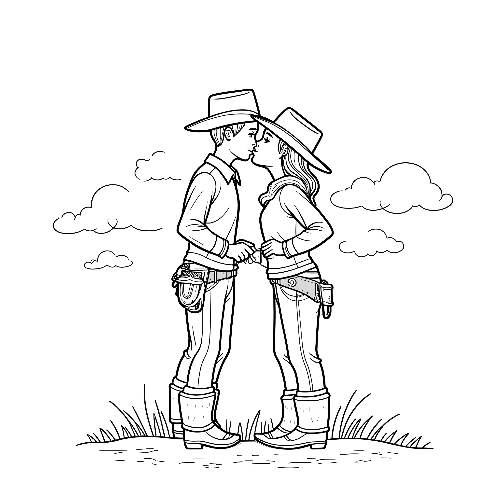 Cowboy couple sharing a romantic moment Coloring Page (free black-and-white line drawing printable PDF for all, from beginners to advanced learners, including children, teens, adults, and seniors)