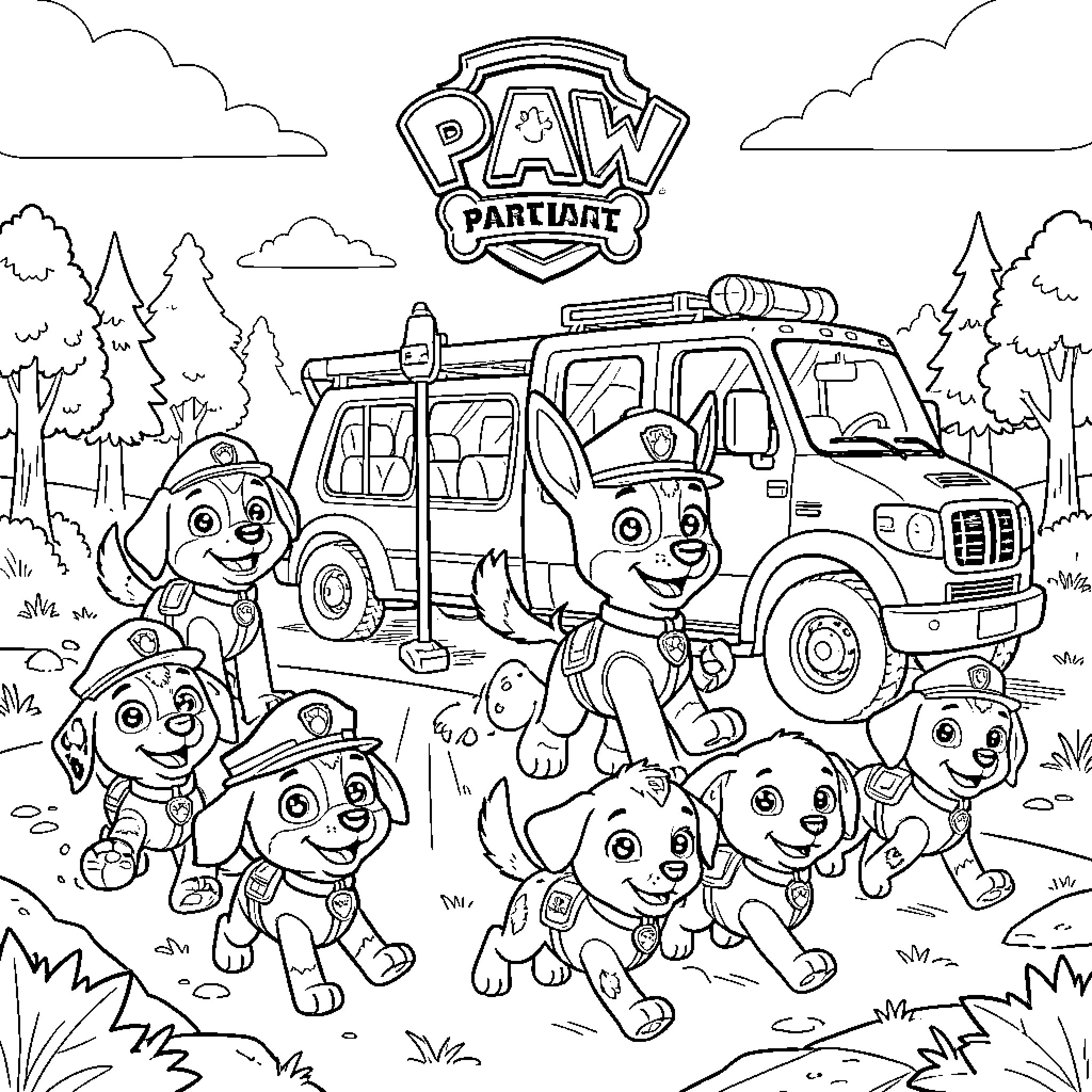 Paw Patrol pups running joyfully near their vehicle Coloring Page (free black-and-white line drawing printable PDF for all, from beginners to advanced learners, including children, teens, adults, and seniors)