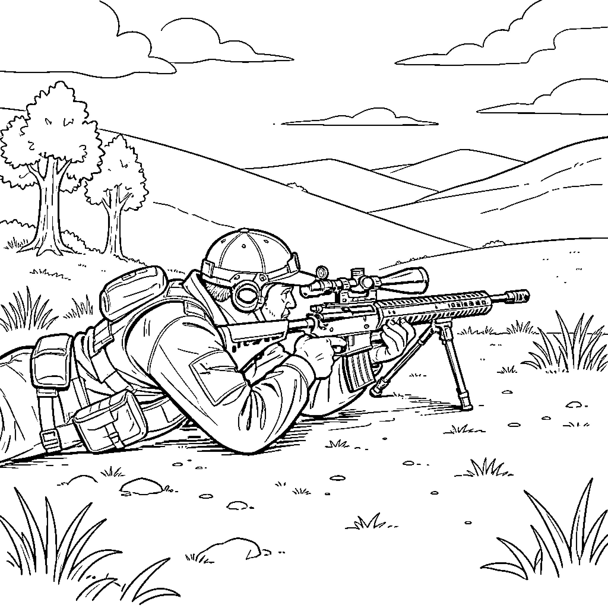 Sniper aiming through a scope in a hilly landscape Coloring Page (free black-and-white line drawing printable PDF for all, from beginners to advanced learners, including children, teens, adults, and seniors)