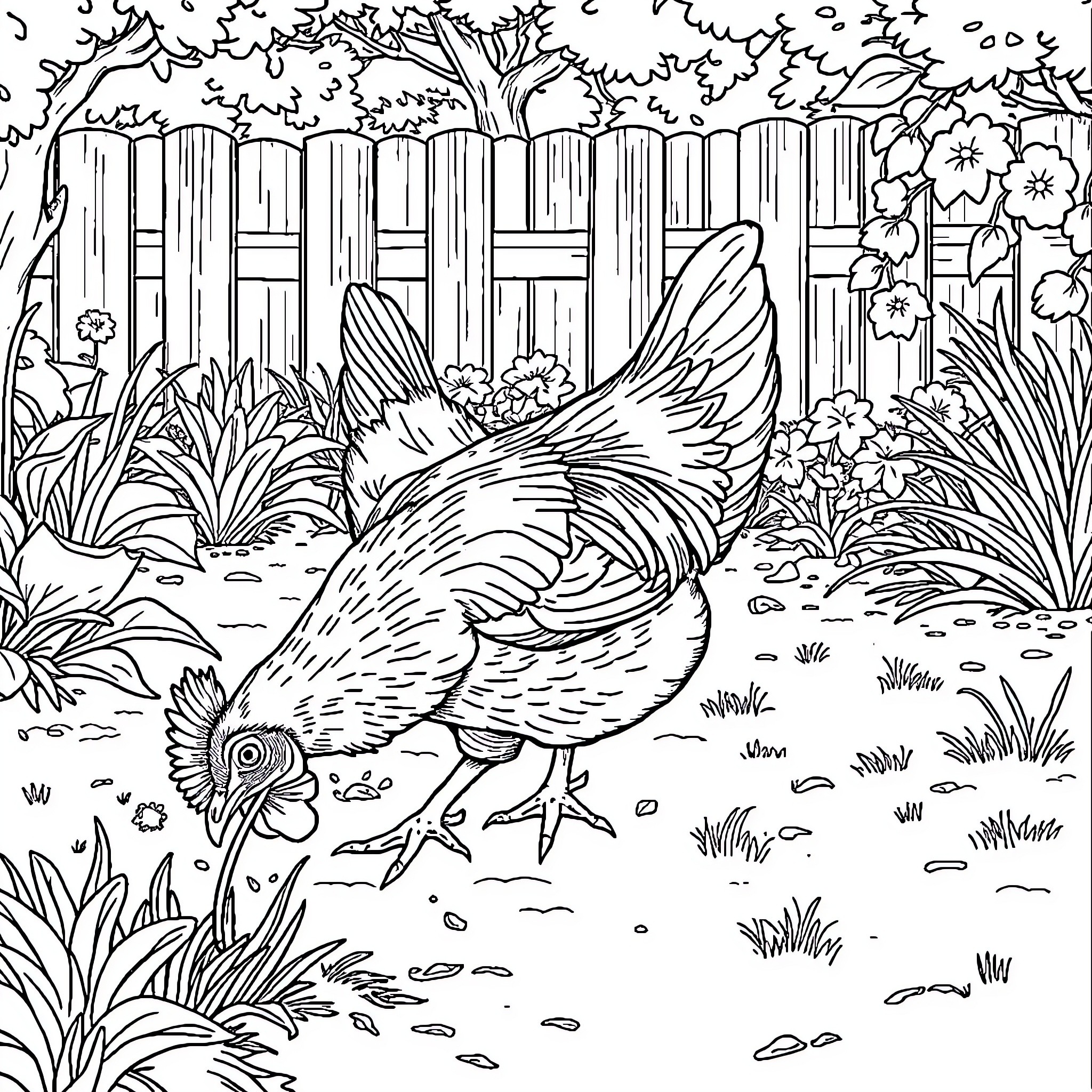 Hen strutting in a lush garden Coloring Page (free black-and-white line drawing printable PDF for all, from beginners to advanced learners, including children, teens, adults, and seniors)