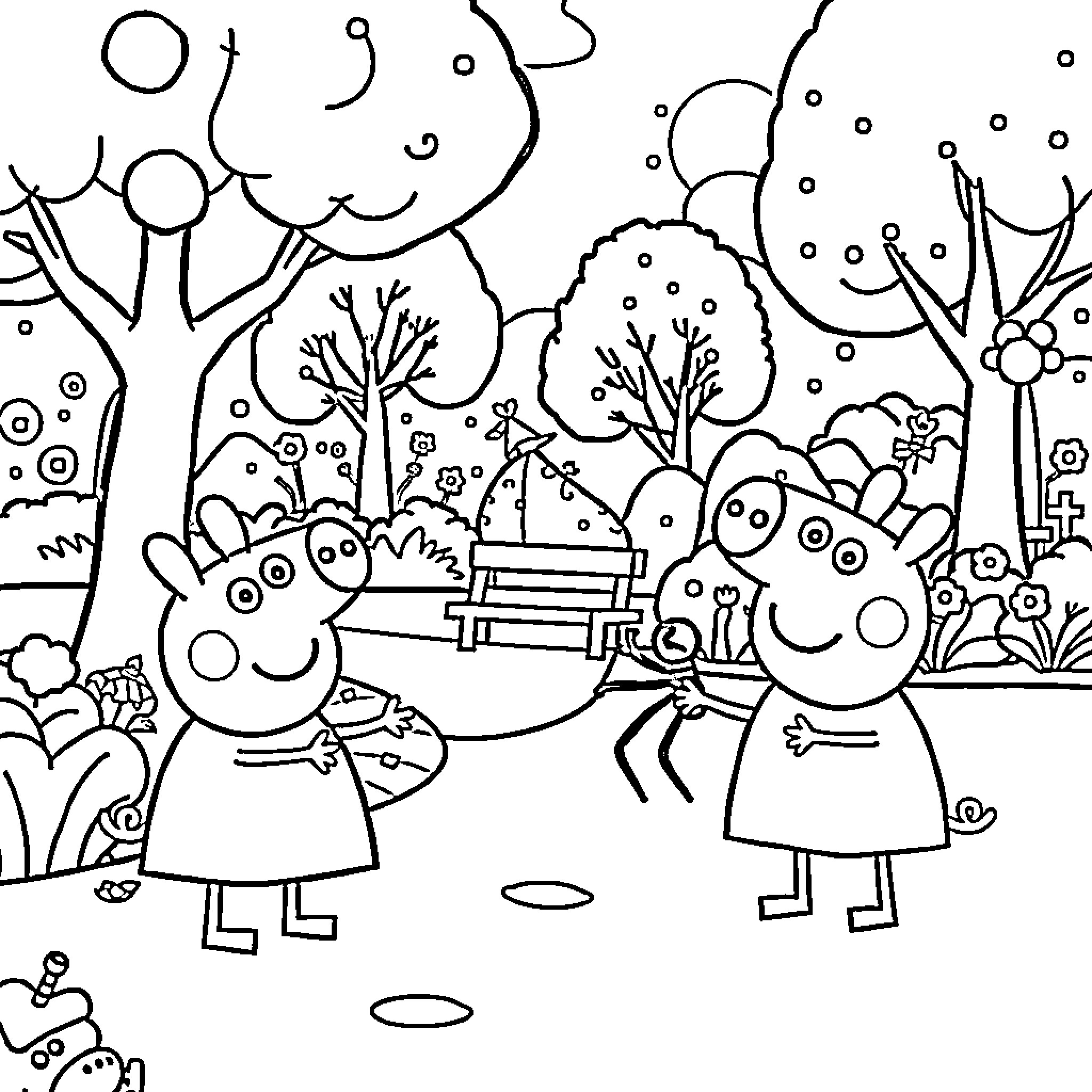 Peppa Pig enjoying a day in the park with friends Coloring Page (free black-and-white line drawing printable PDF for all, from beginners to advanced learners, including children, teens, adults, and seniors)