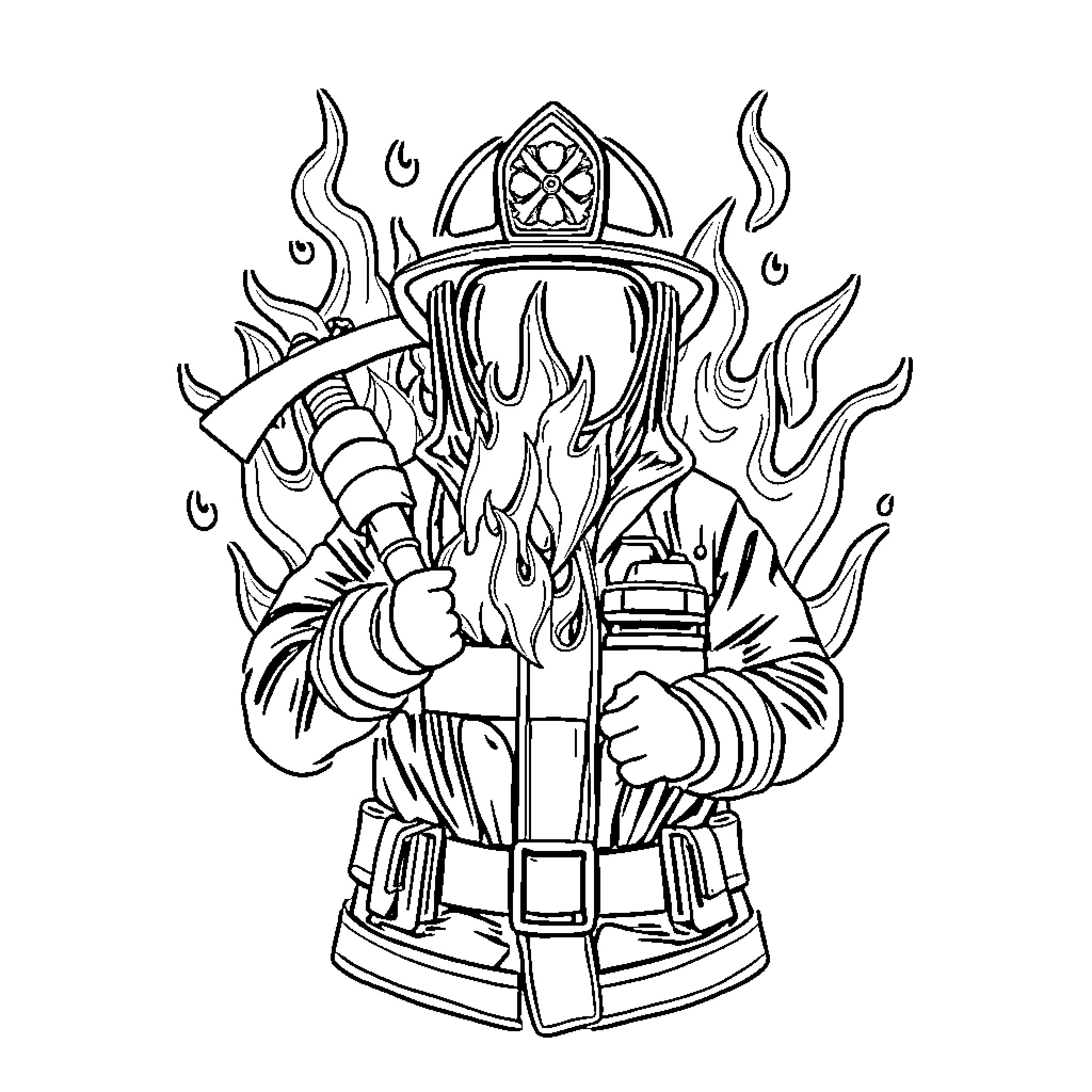 Firefighter Battling Intense Flames with Determination Coloring Page (free black-and-white line drawing printable PDF for all, from beginners to advanced learners, including children, teens, adults, and seniors)