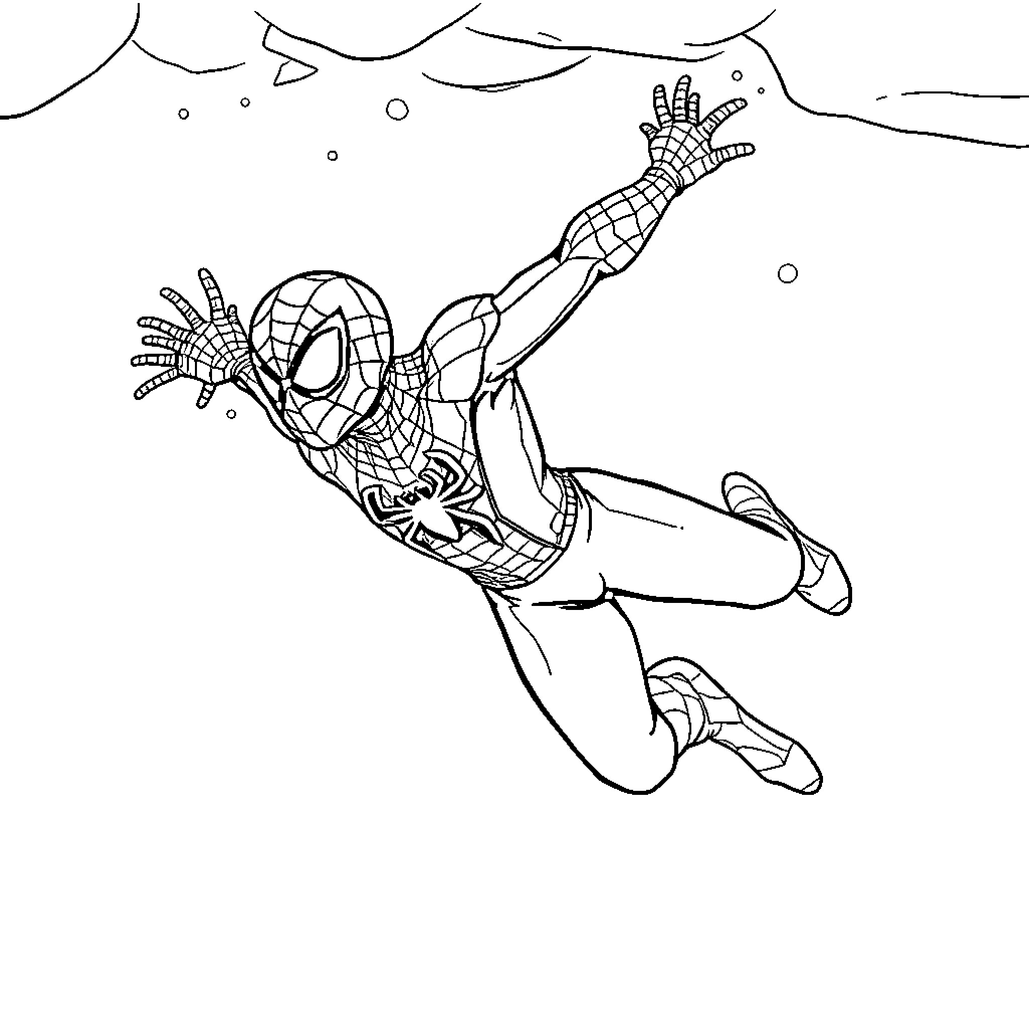 Spiderman swinging through the city Coloring Page (free black-and-white line drawing printable PDF for all, from beginners to advanced learners, including children, teens, adults, and seniors)