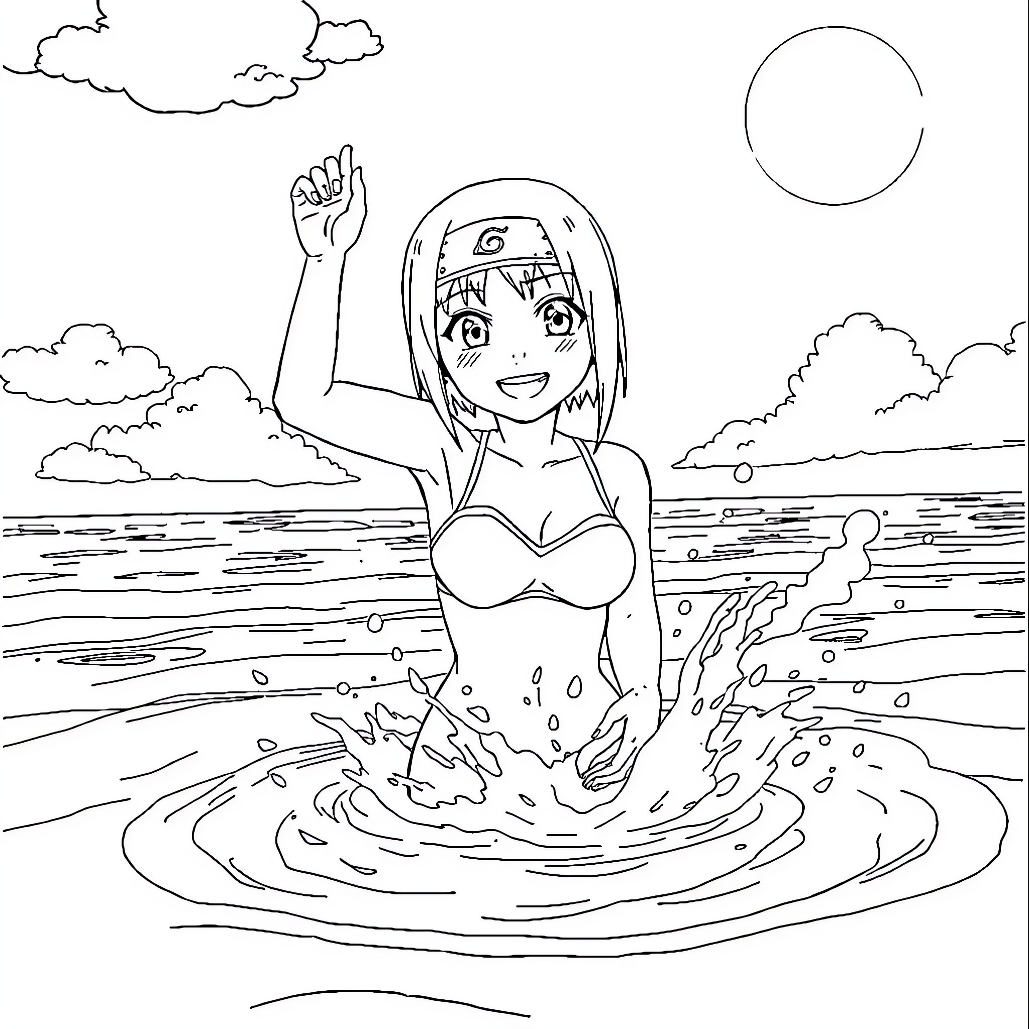 Hinata enjoying a sunny day at the beach Coloring Page (free black-and-white line drawing printable PDF for all, from beginners to advanced learners, including children, teens, adults, and seniors)