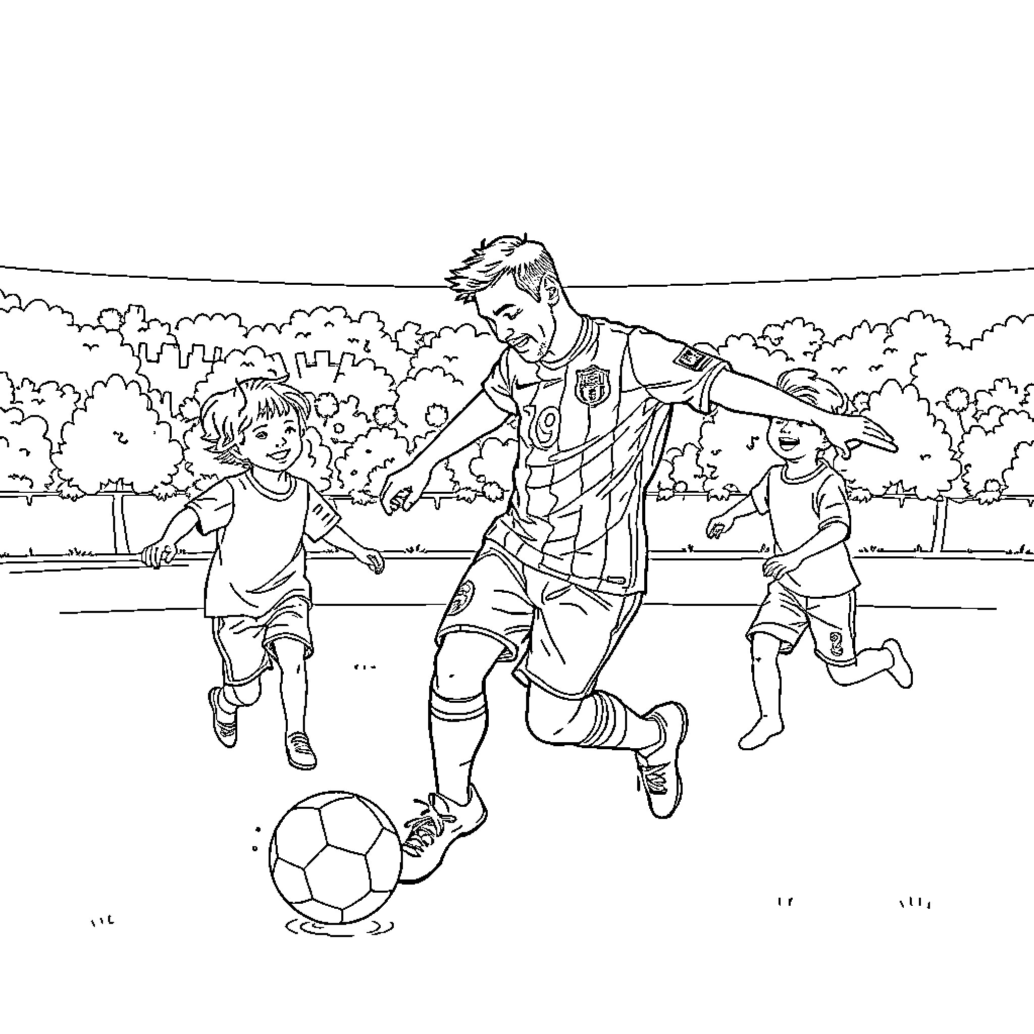 Messi Playing Soccer with Children on the Field Coloring Page (free black-and-white line drawing printable PDF for all, from beginners to advanced learners, including children, teens, adults, and seniors)