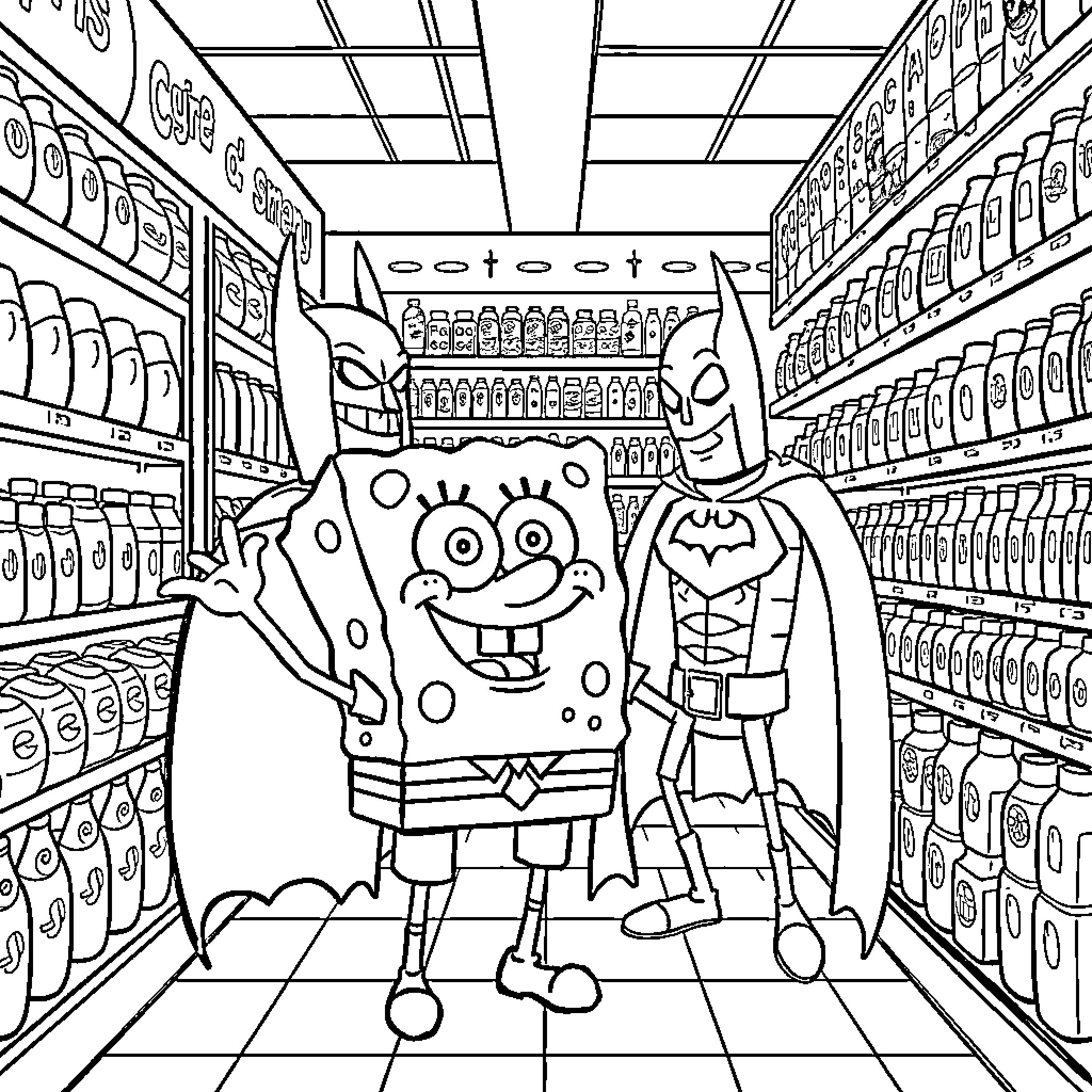 Spongebob and Batman shopping in a grocery store Coloring Page (free black-and-white line drawing printable PDF for all, from beginners to advanced learners, including children, teens, adults, and seniors)