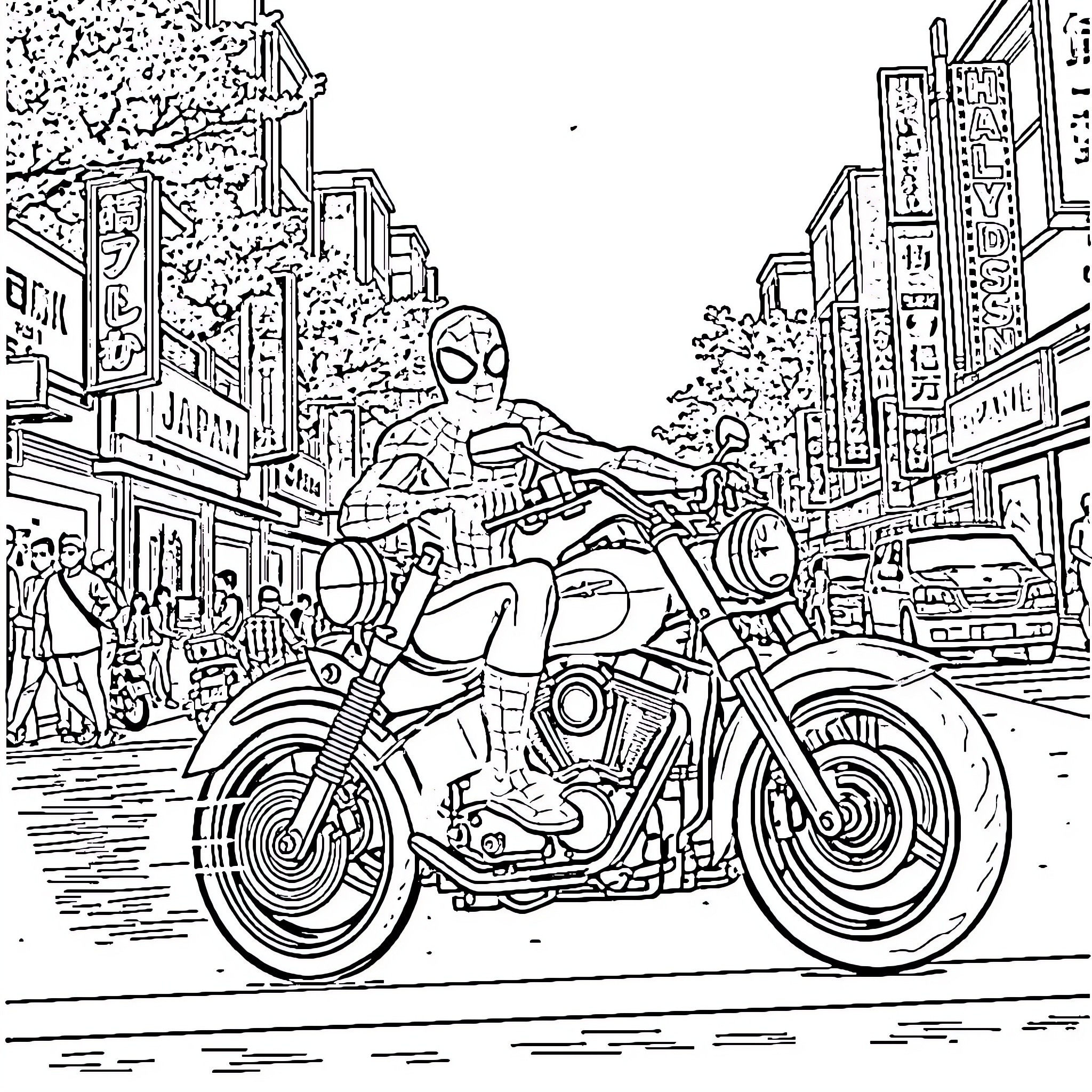 Spiderman riding a motorcycle through the city Coloring Page (free black-and-white line drawing printable PDF for all, from beginners to advanced learners, including children, teens, adults, and seniors)
