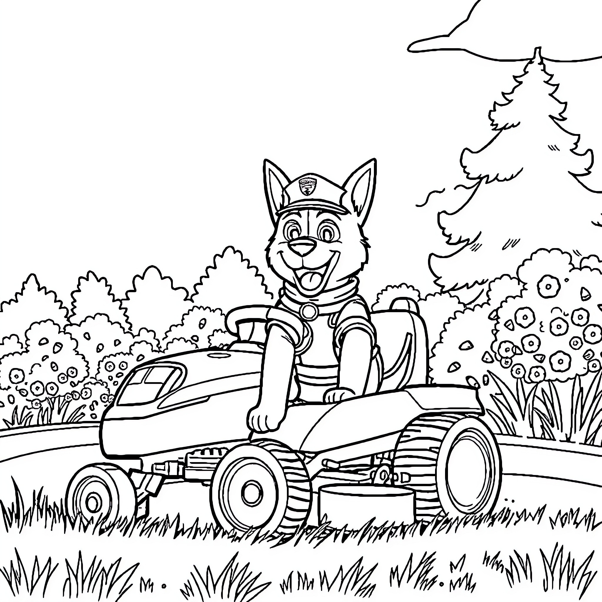 Police Dog Patrolling in a Lush Forest Coloring Page (free black-and-white line drawing printable PDF for all, from beginners to advanced learners, including children, teens, adults, and seniors)