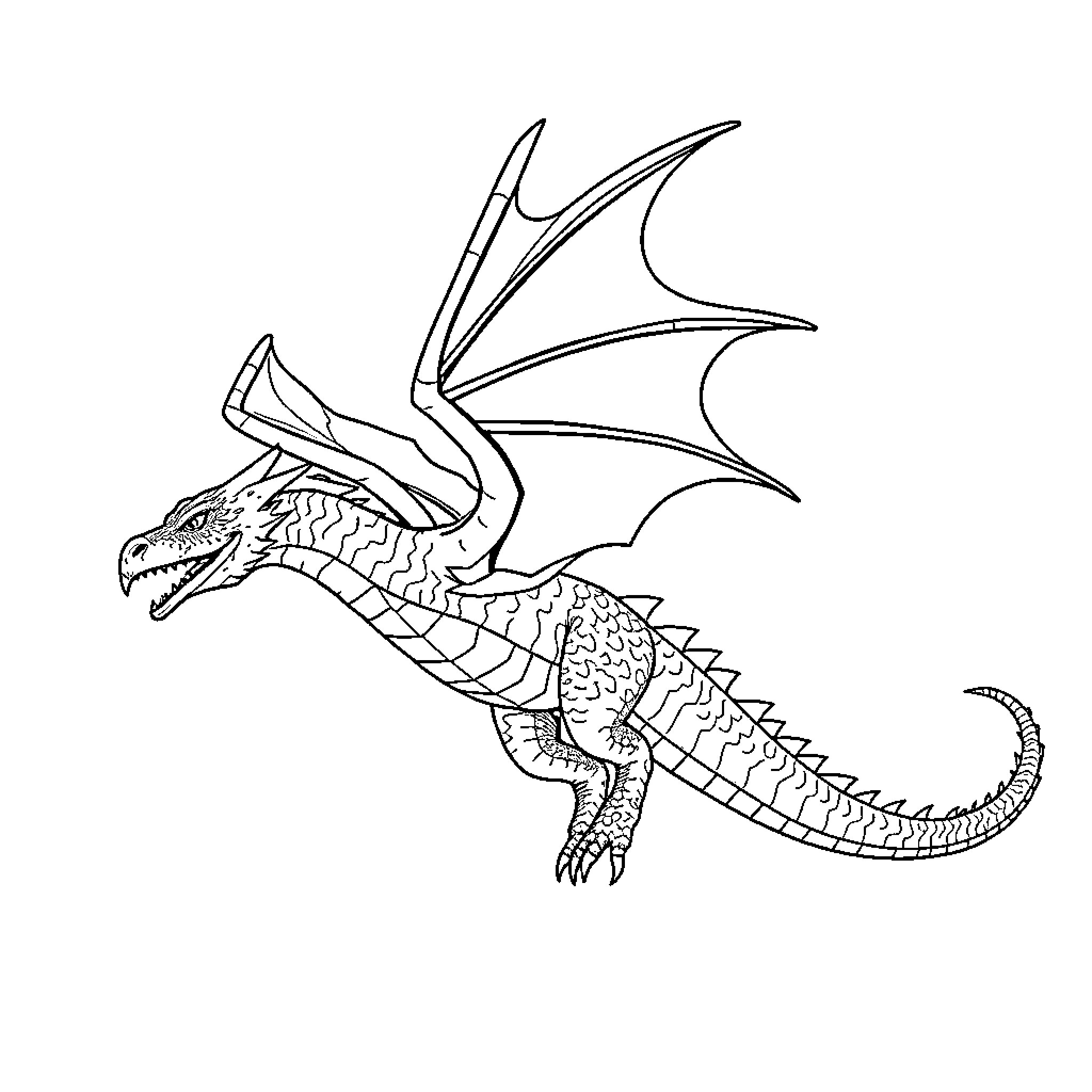 Dragon flying with outstretched wings Coloring Page (free black-and-white line drawing printable PDF for all, from beginners to advanced learners, including children, teens, adults, and seniors)