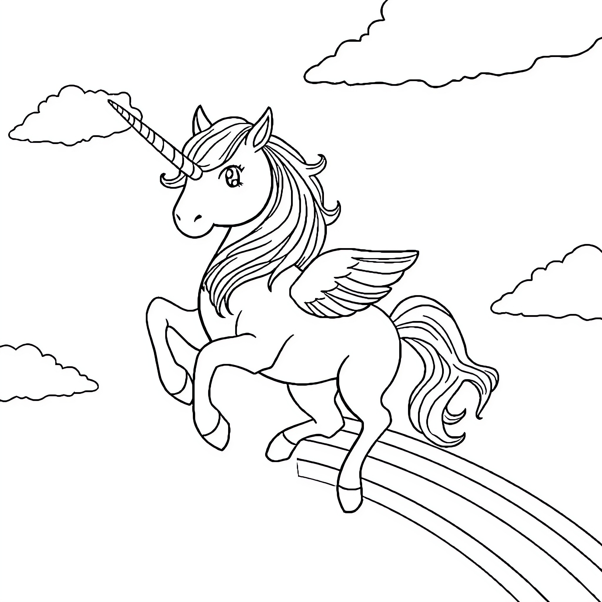Unicorn soaring through the sky with wings Coloring Page (free black-and-white line drawing printable PDF for all, from beginners to advanced learners, including children, teens, adults, and seniors)