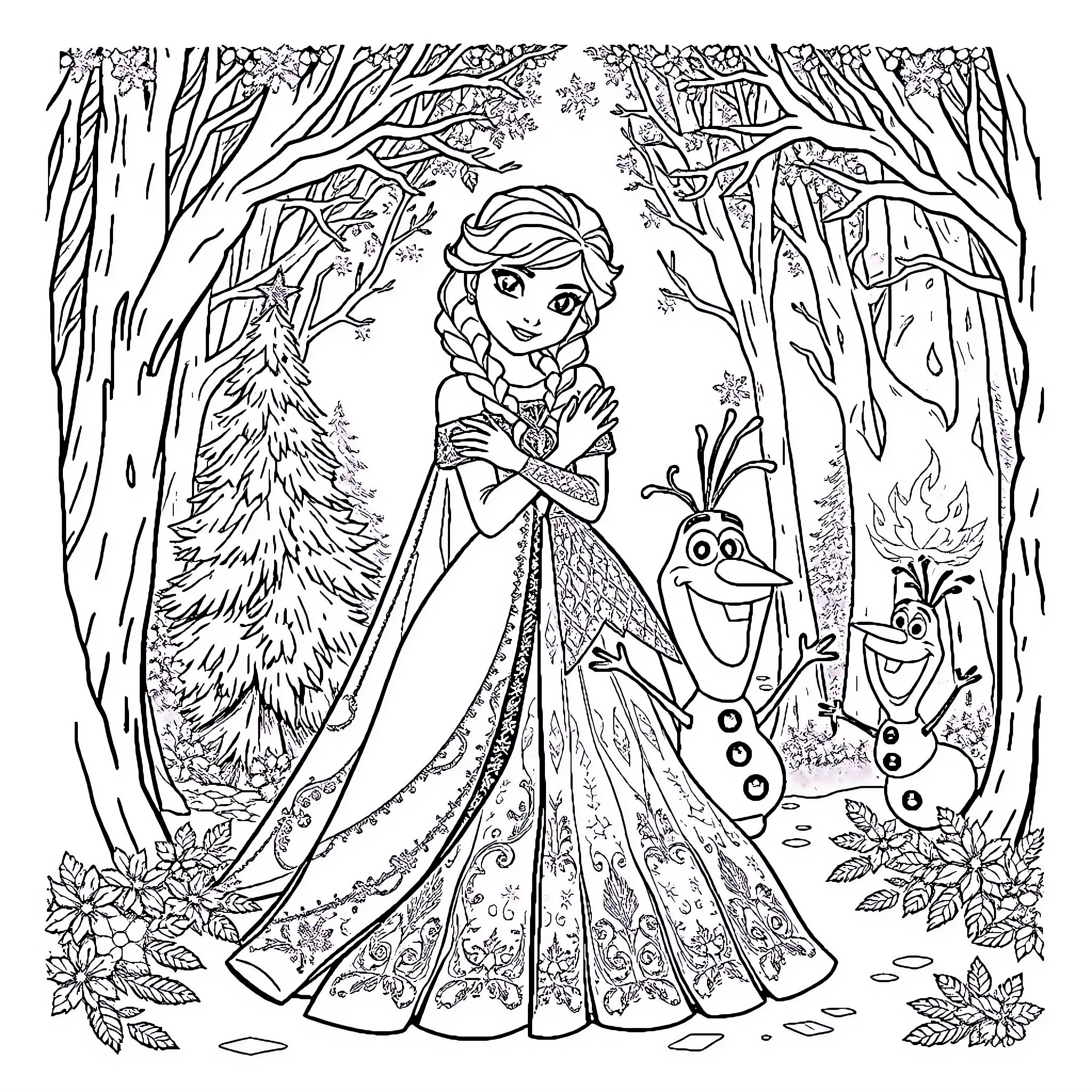 Anna's Enchanted Forest Adventure Coloring Page (free black-and-white line drawing printable PDF for all, from beginners to advanced learners, including children, teens, adults, and seniors)