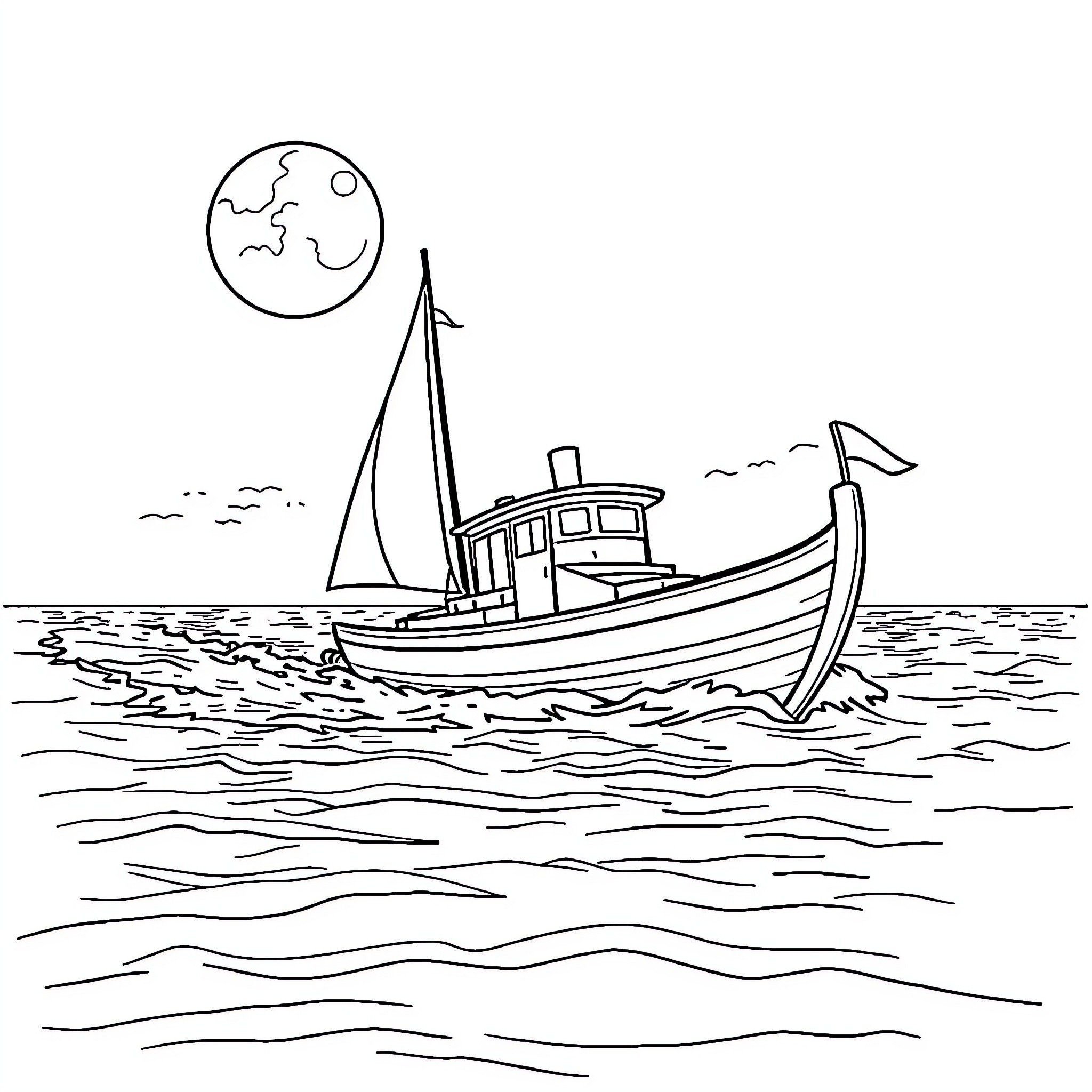Boat sailing peacefully on the open sea Coloring Page (free black-and-white line drawing printable PDF for all, from beginners to advanced learners, including children, teens, adults, and seniors)