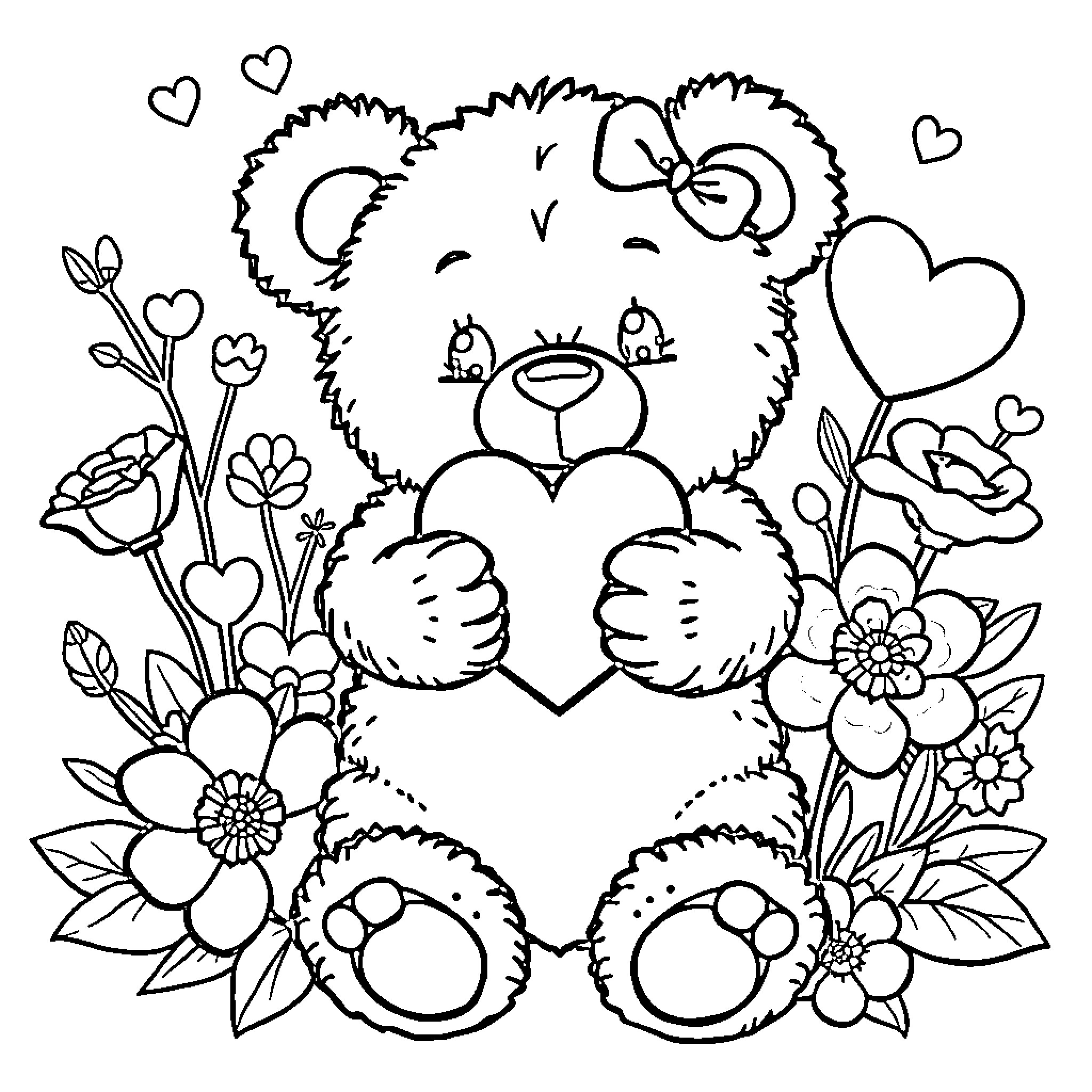Teddy Bear holding heart surrounded by flowers Coloring Page (free black-and-white line drawing printable PDF for all, from beginners to advanced learners, including children, teens, adults, and seniors)