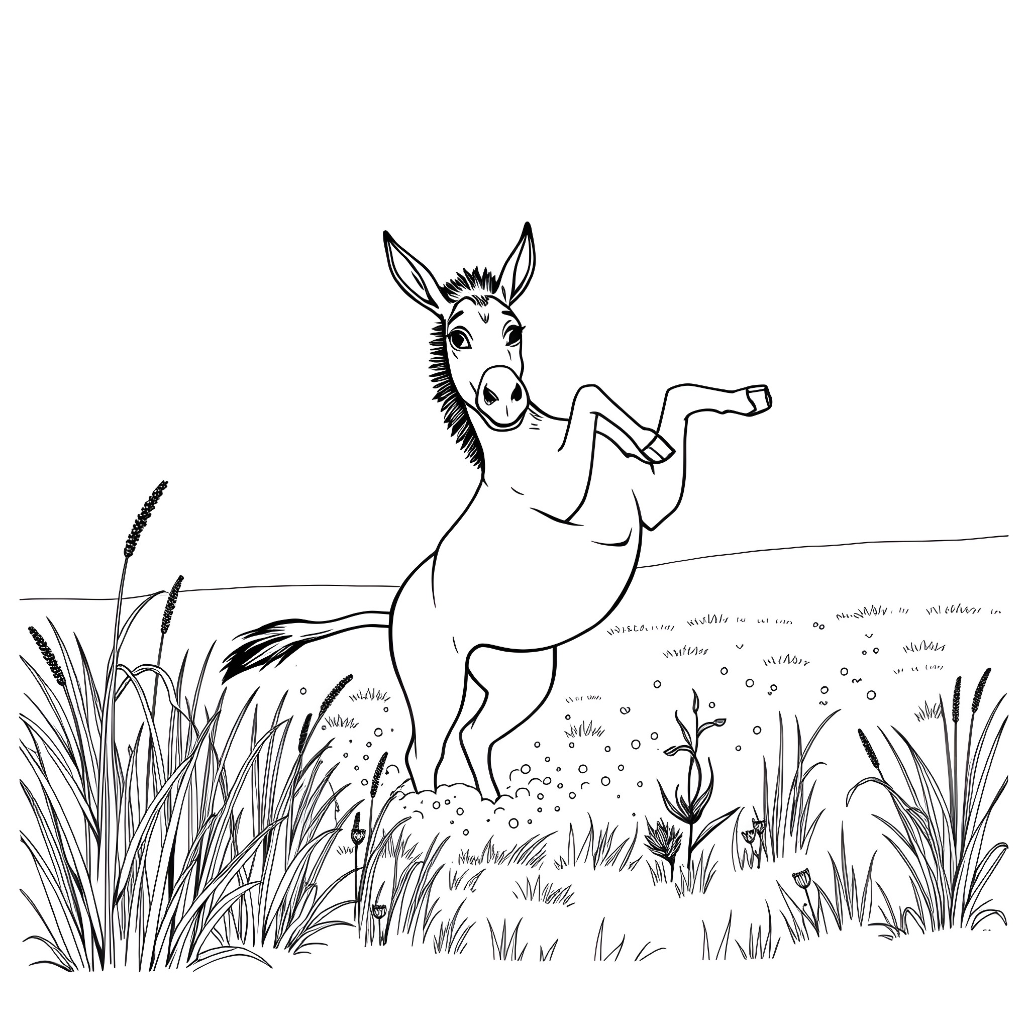 Donkey playing happily in the meadow Coloring Page (free black-and-white line drawing printable PDF for all, from beginners to advanced learners, including children, teens, adults, and seniors)
