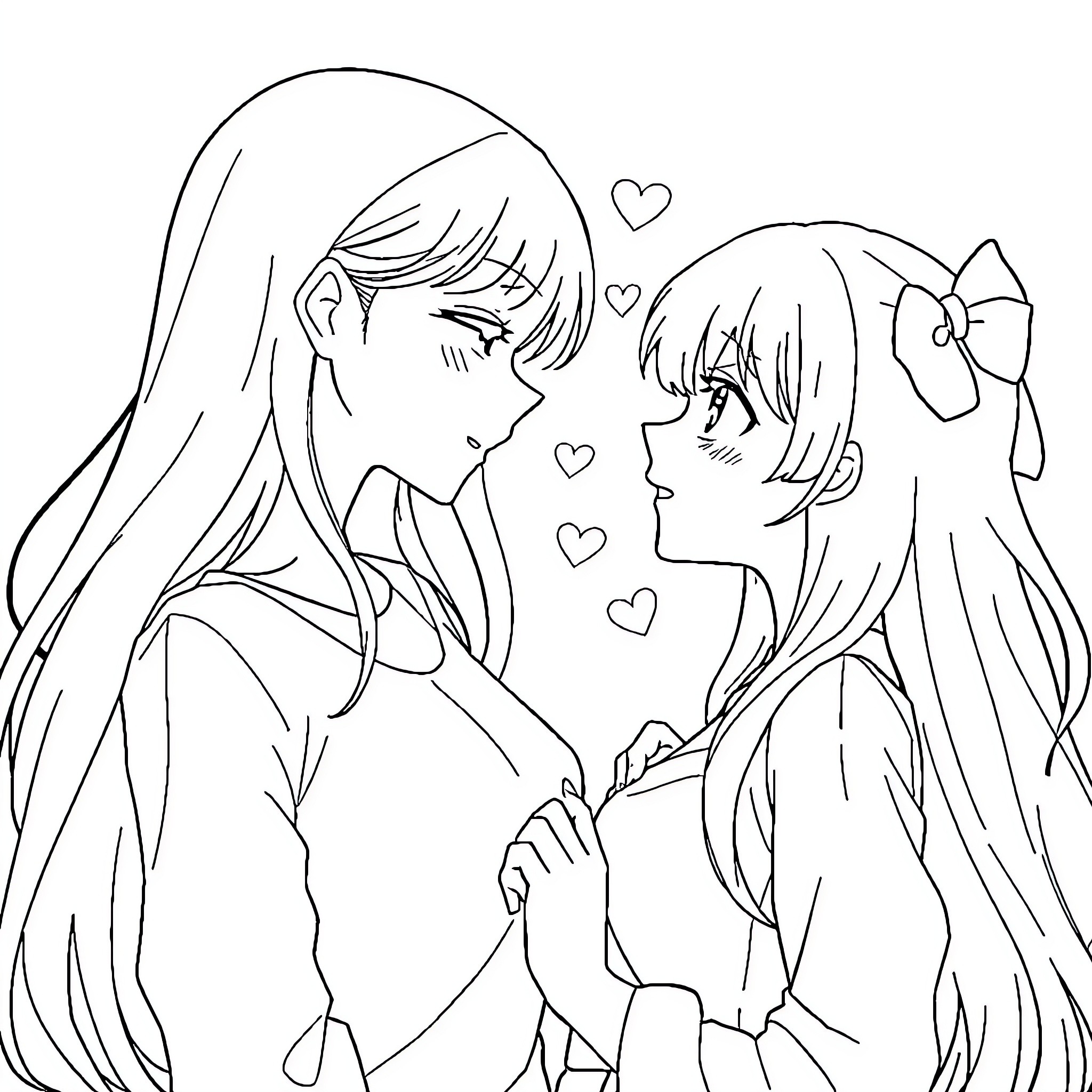 Anime Girls in Tender Embrace Coloring Page (free black-and-white line drawing printable PDF for all, from beginners to advanced learners, including children, teens, adults, and seniors)