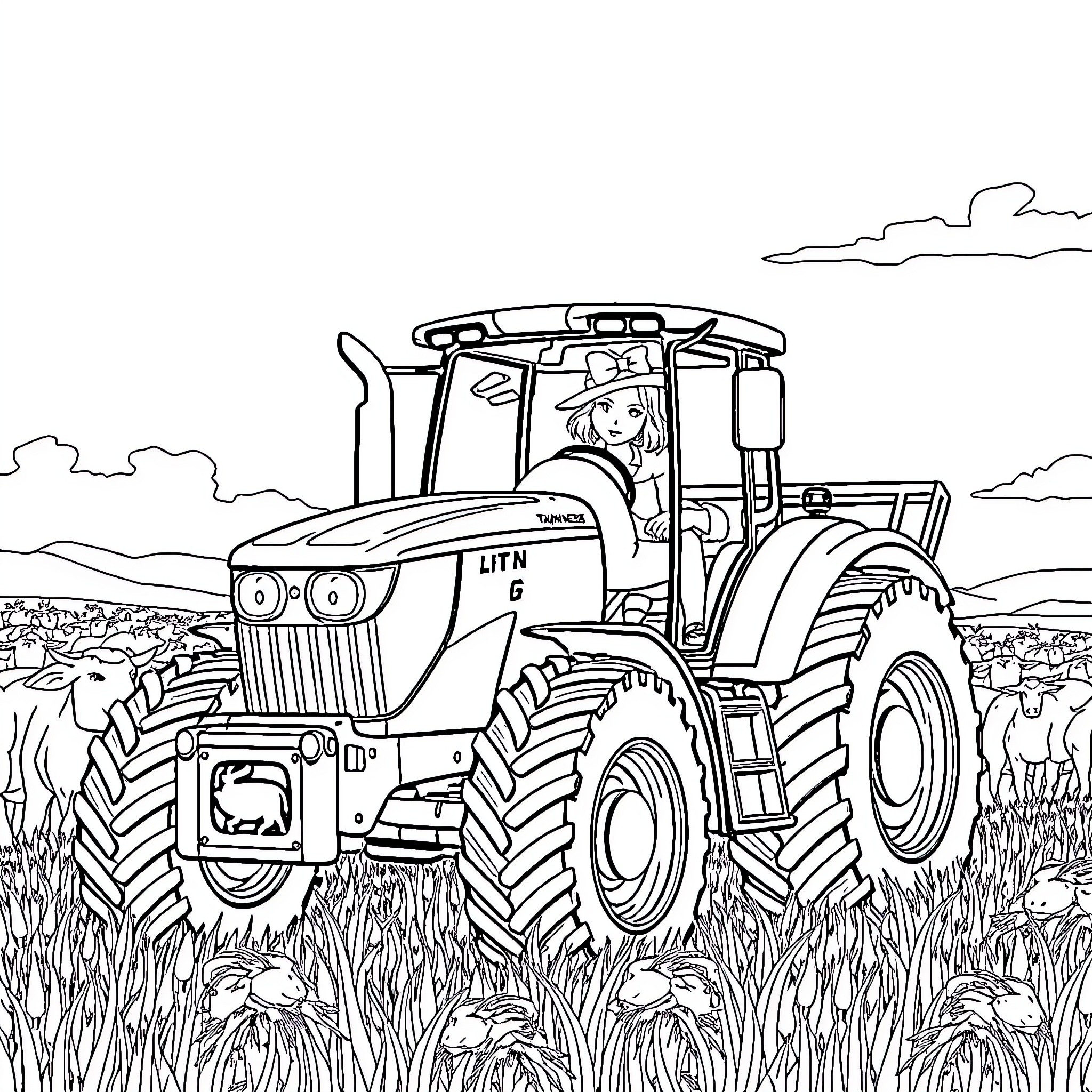 John Deere Tractor Driving Through Scenic Rural Landscape Coloring Page (free black-and-white line drawing printable PDF for all, from beginners to advanced learners, including children, teens, adults, and seniors)