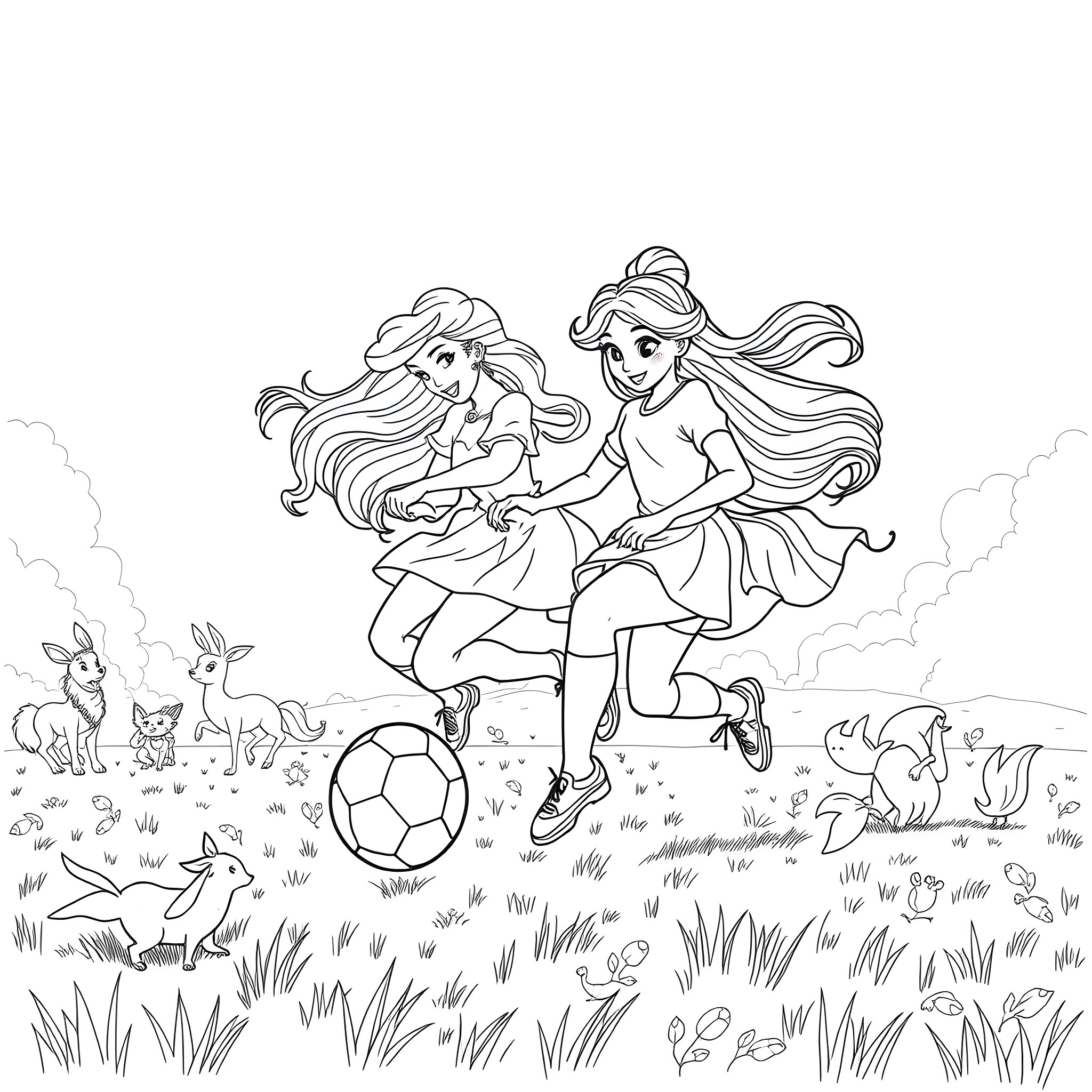 Princess friends playing soccer in the meadow Coloring Page (free black-and-white line drawing printable PDF for all, from beginners to advanced learners, including children, teens, adults, and seniors)