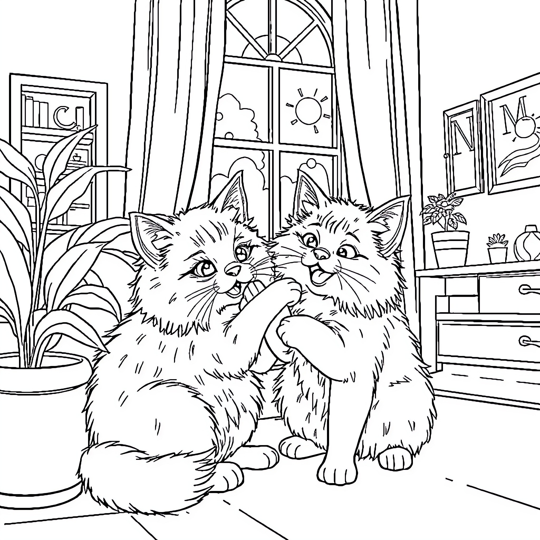 Cats Cuddling in Cozy Room Coloring Page (free black-and-white line drawing printable PDF for all, from beginners to advanced learners, including children, teens, adults, and seniors)