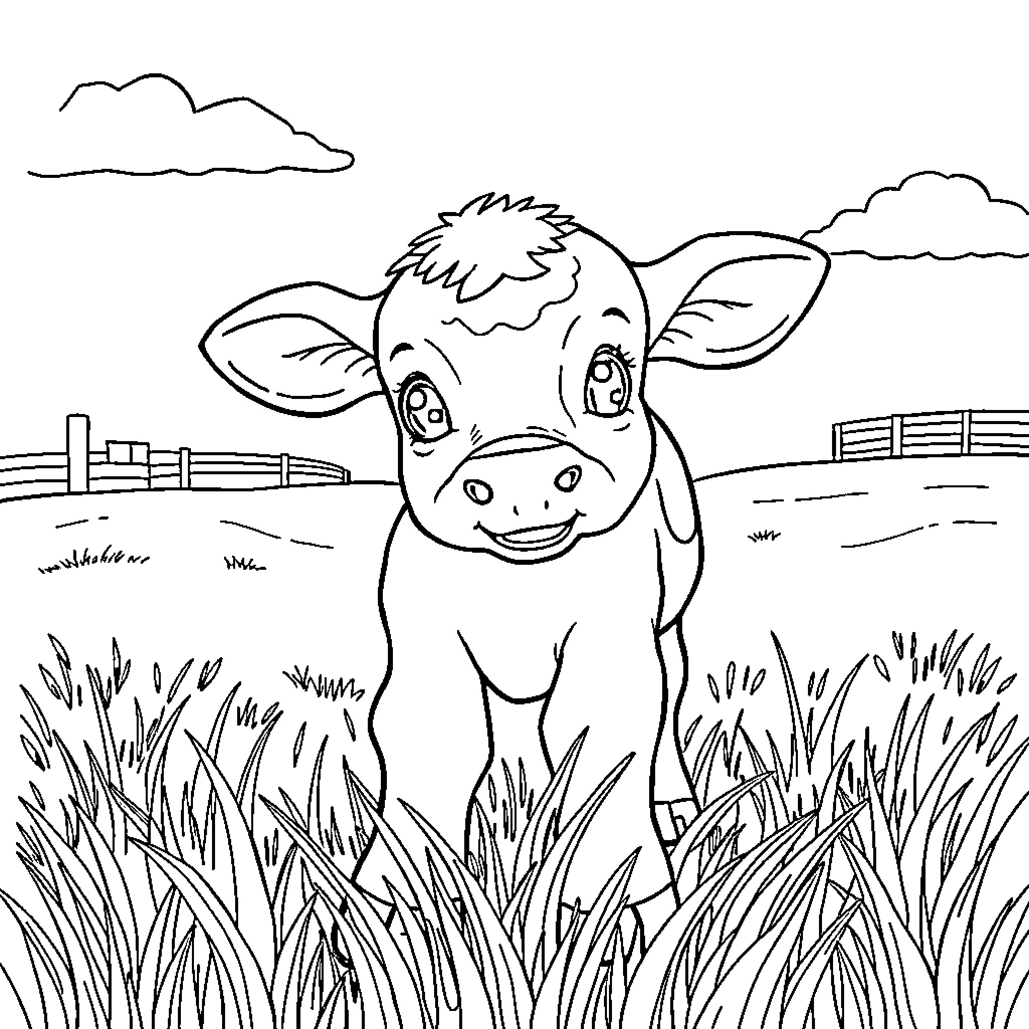 Cow enjoying the countryside scenery Coloring Page (free black-and-white line drawing printable PDF for all, from beginners to advanced learners, including children, teens, adults, and seniors)