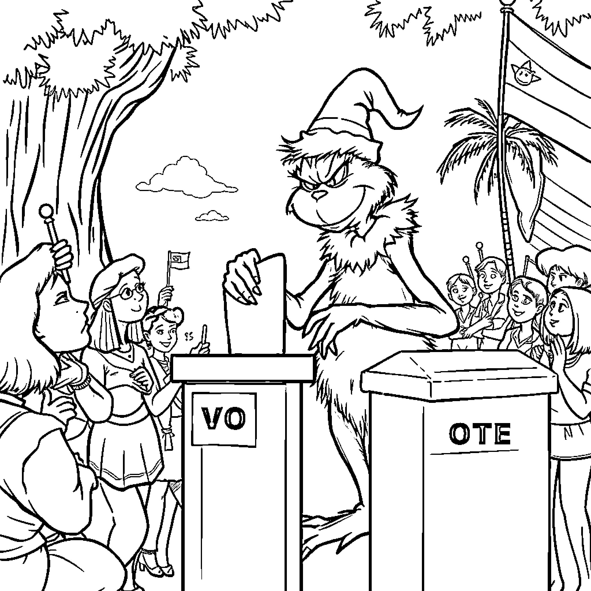 Grinch's Political Antics: A Mischievous Election Day Coloring Page (free black-and-white line drawing printable PDF for all, from beginners to advanced learners, including children, teens, adults, and seniors)