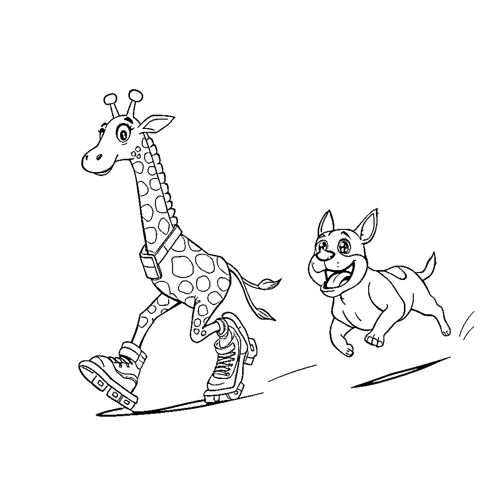 Giraffe and dog playing on skates Coloring Page (free black-and-white line drawing printable PDF for all, from beginners to advanced learners, including children, teens, adults, and seniors)