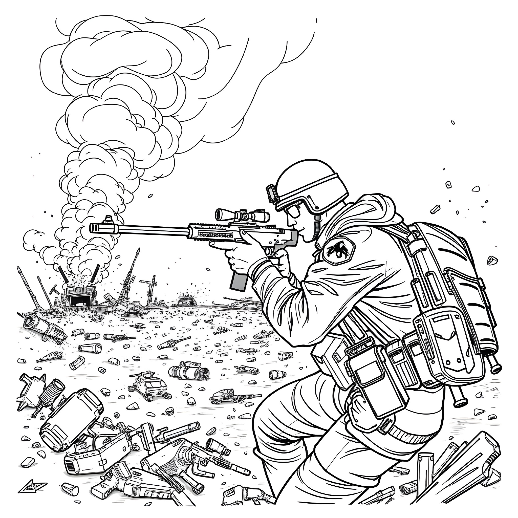 Hamas militant engages in armed combat with explosions Coloring Page (free black-and-white line drawing printable PDF for all, from beginners to advanced learners, including children, teens, adults, and seniors)