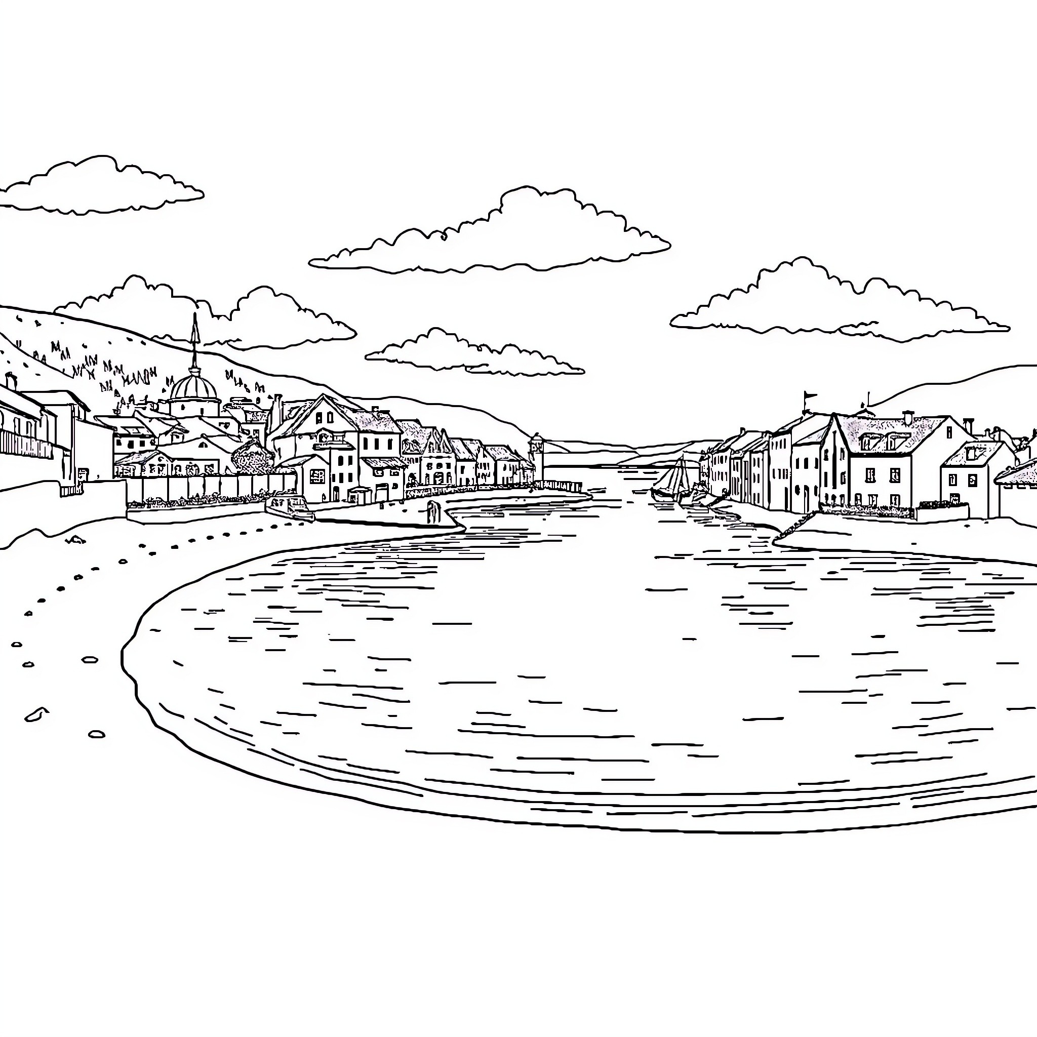 Baie Saint Jean de Luz: Scenic Coastal Town with Harbor Coloring Page (free black-and-white line drawing printable PDF for all, from beginners to advanced learners, including children, teens, adults, and seniors)