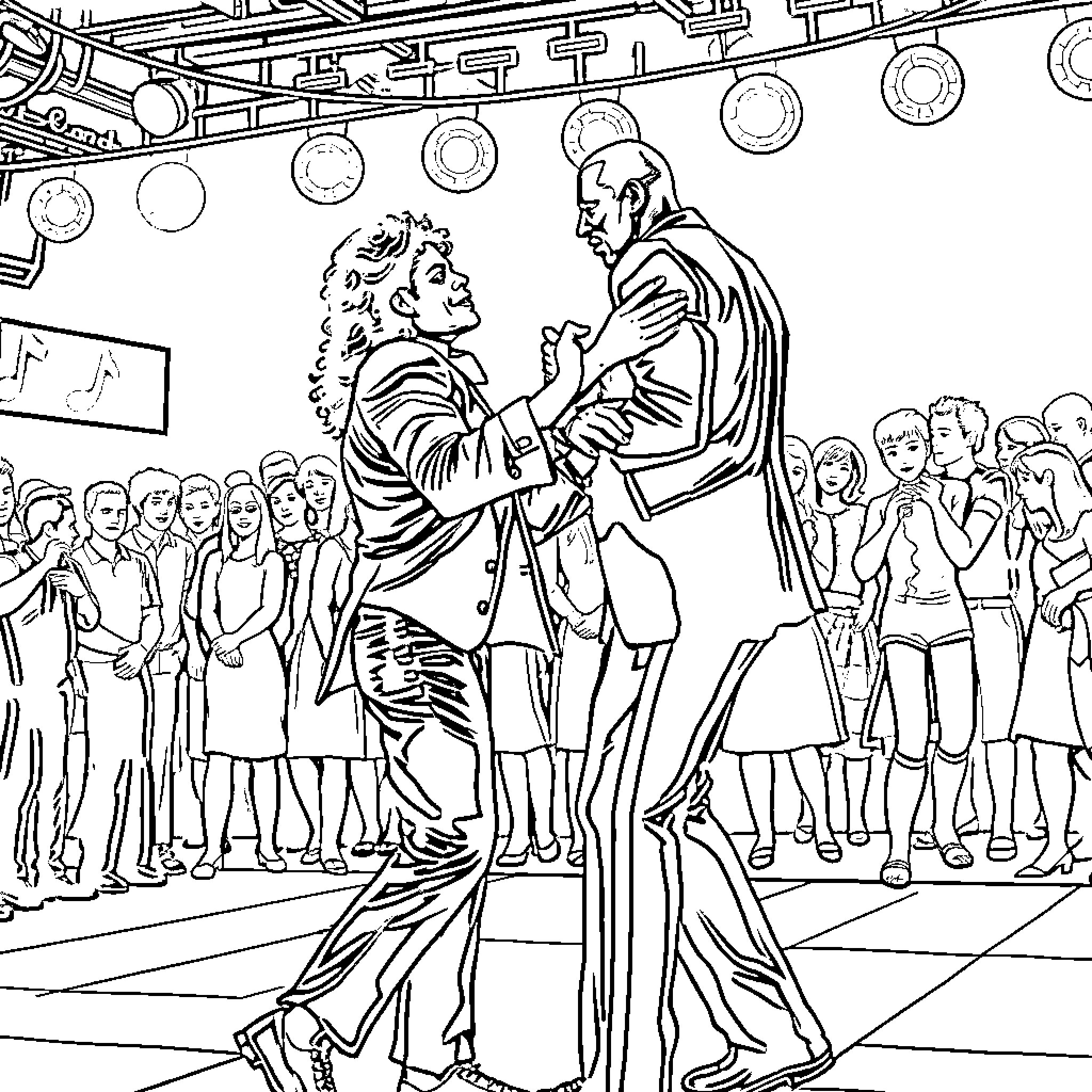 Michael Jackson and partner performing on stage Coloring Page (free black-and-white line drawing printable PDF for all, from beginners to advanced learners, including children, teens, adults, and seniors)