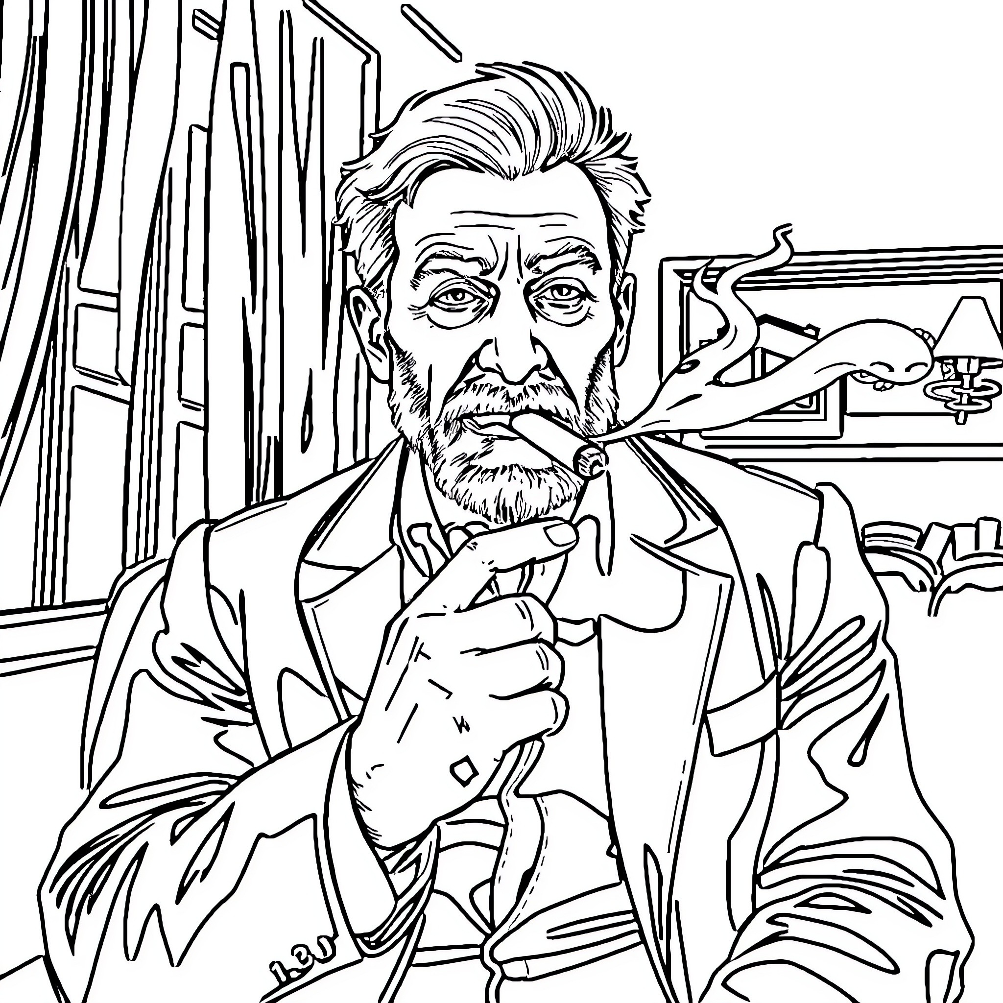 Man in contemplative pose with cigar in hand Coloring Page (free black-and-white line drawing printable PDF for all, from beginners to advanced learners, including children, teens, adults, and seniors)