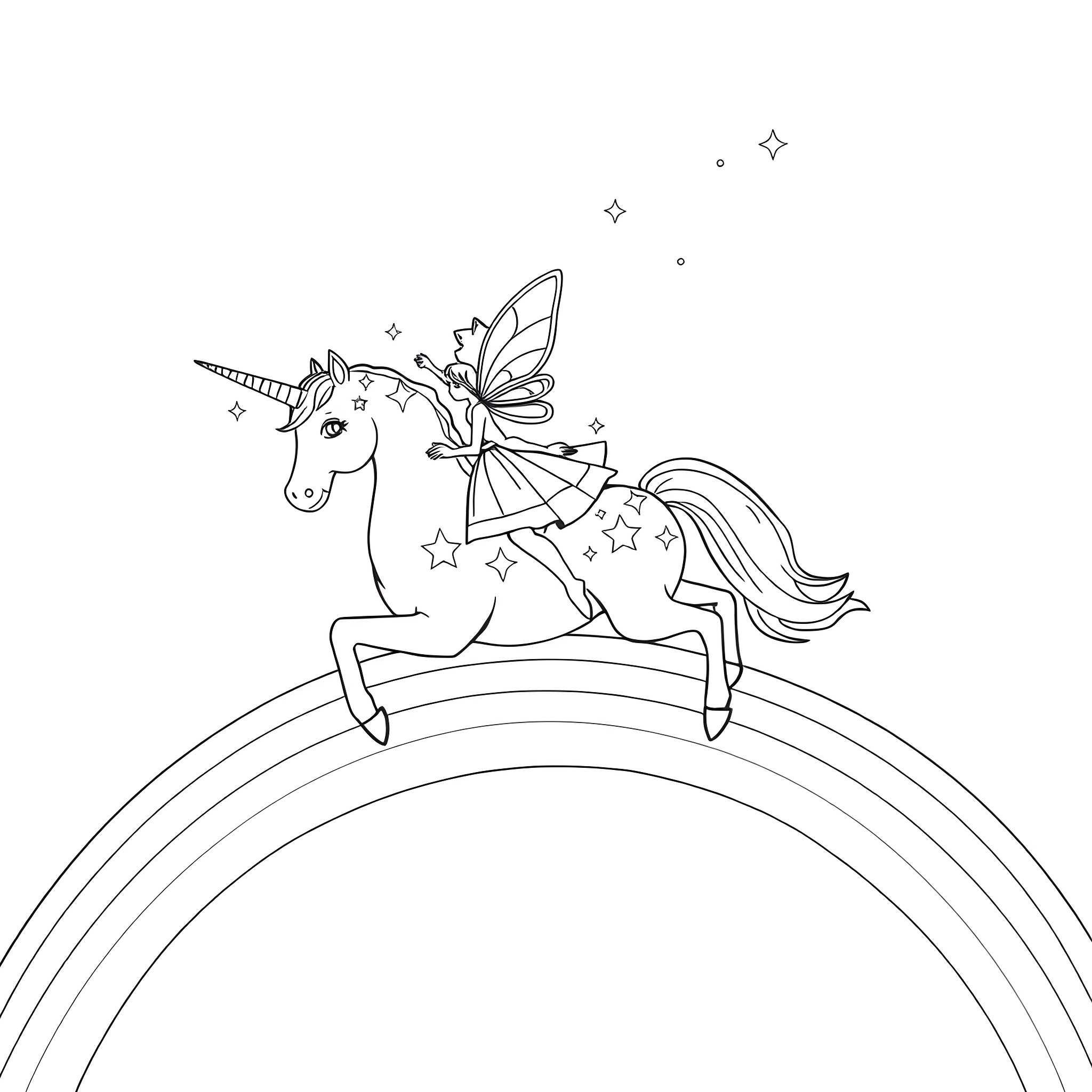 Fairy unicorn riding a rainbow Coloring Page (free black-and-white line drawing printable PDF for all, from beginners to advanced learners, including children, teens, adults, and seniors)