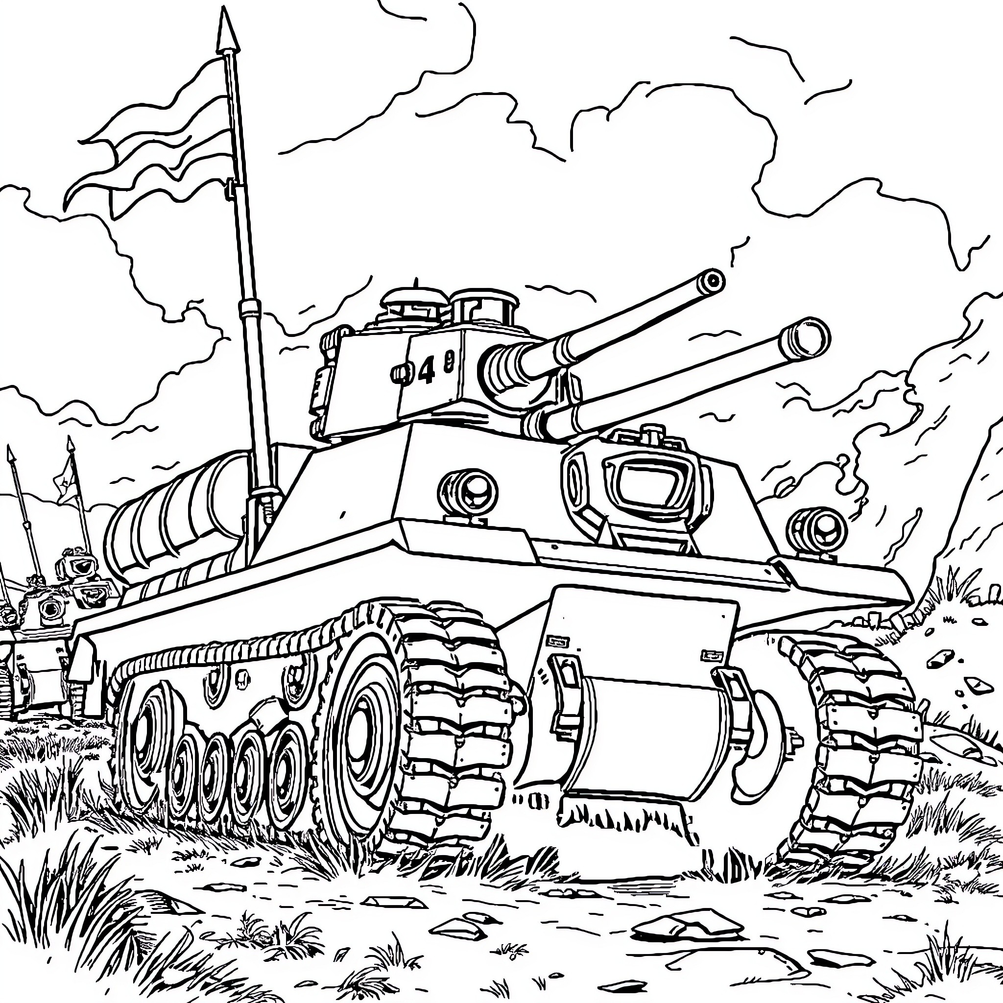 Soldier's armored tank on the battlefield Coloring Page (free black-and-white line drawing printable PDF for all, from beginners to advanced learners, including children, teens, adults, and seniors)
